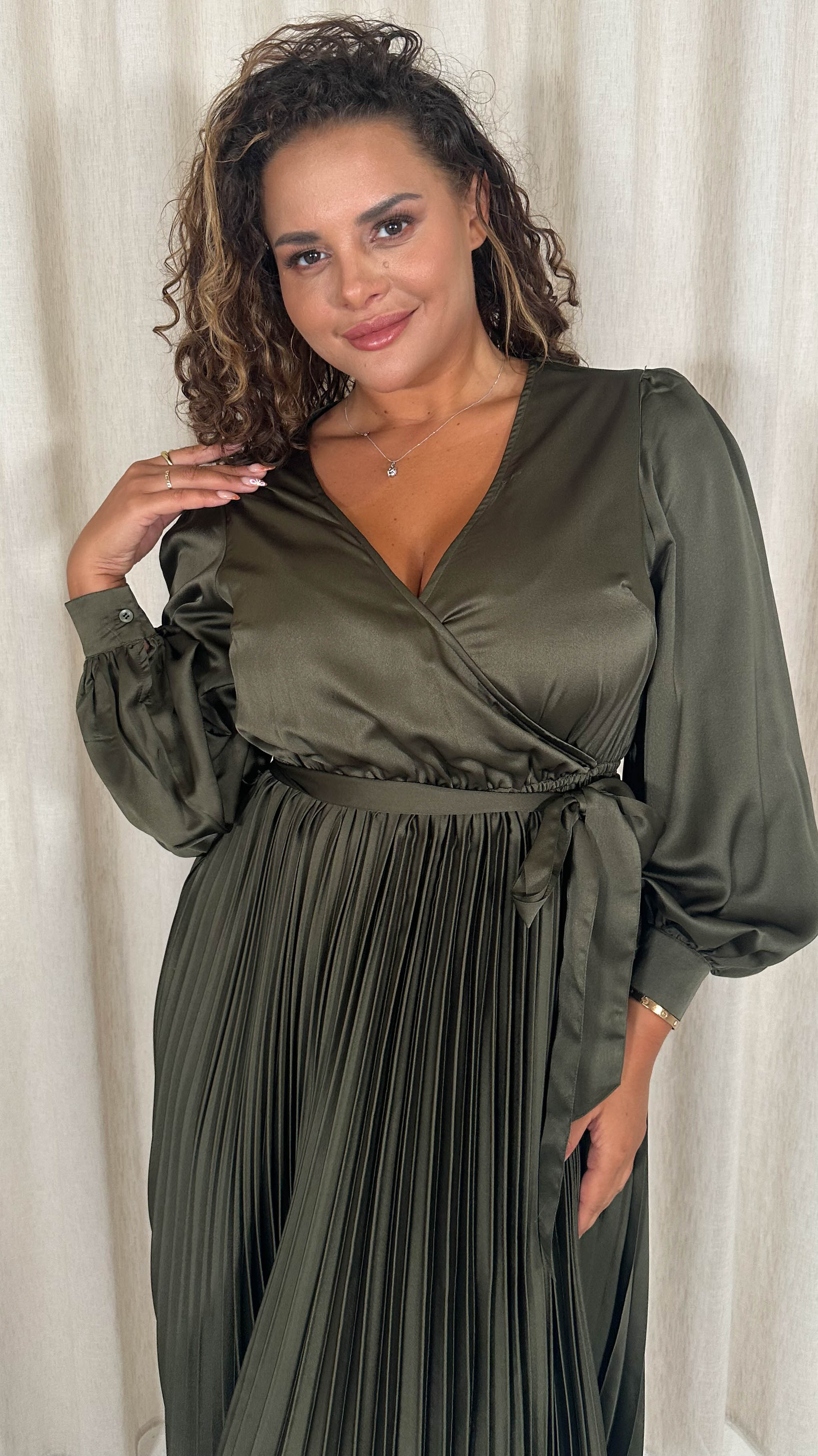 CurveWow Pleated Midi Dress Dark Khaki
