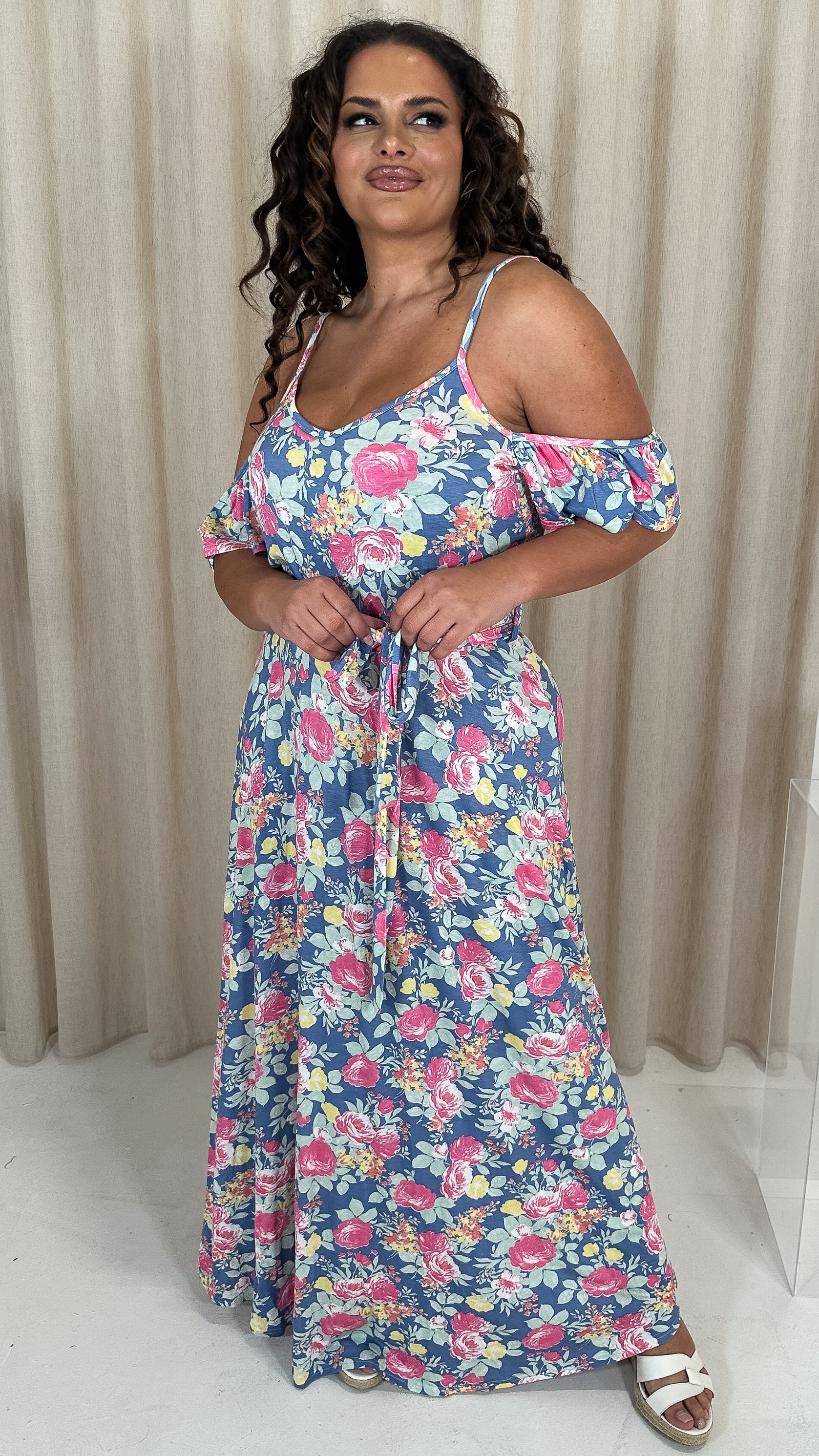 CurveWow Printed Cold Shoulder Maxi Dress Blue Multi Floral