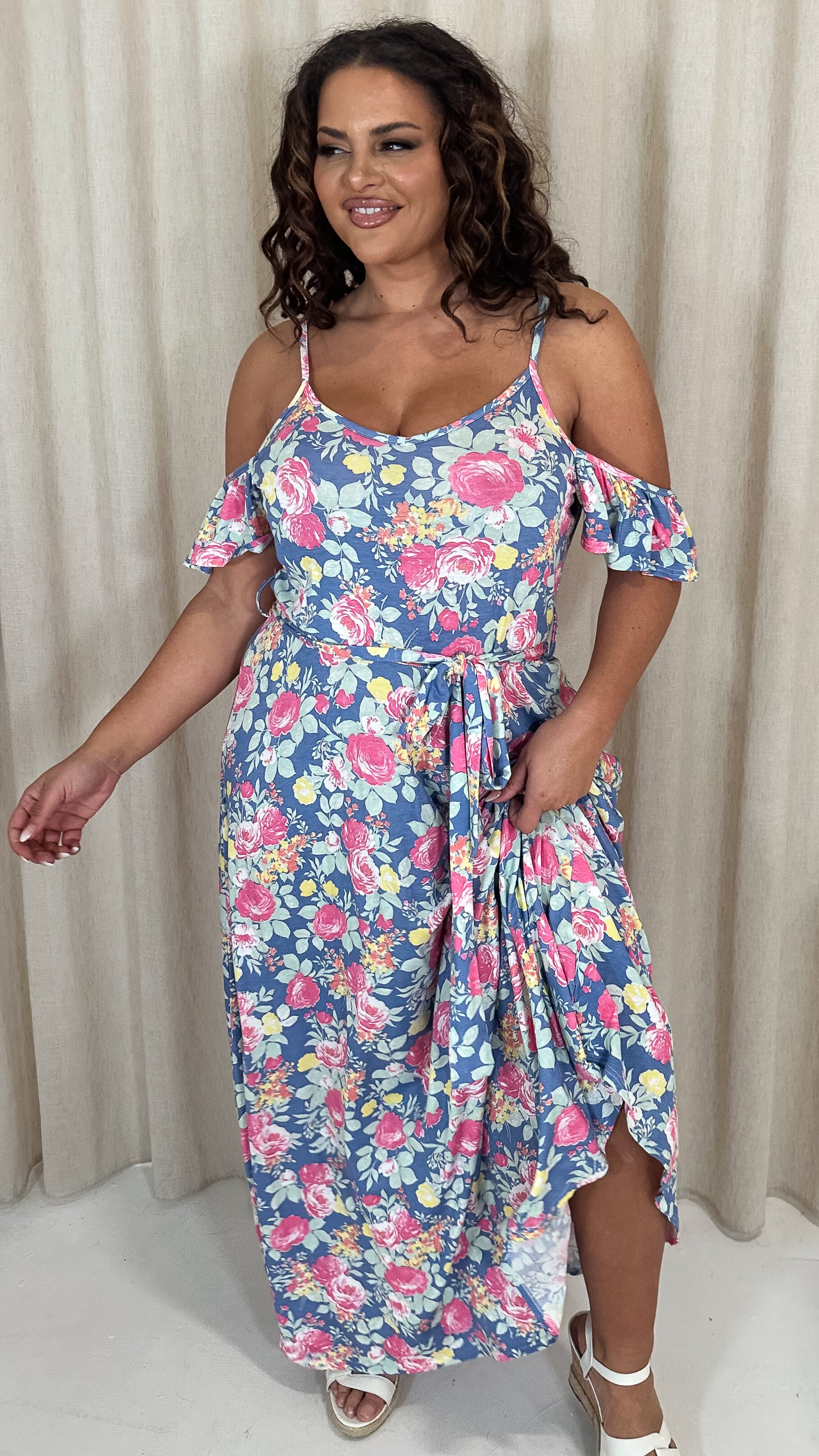 CurveWow Printed Cold Shoulder Maxi Dress Blue Multi Floral