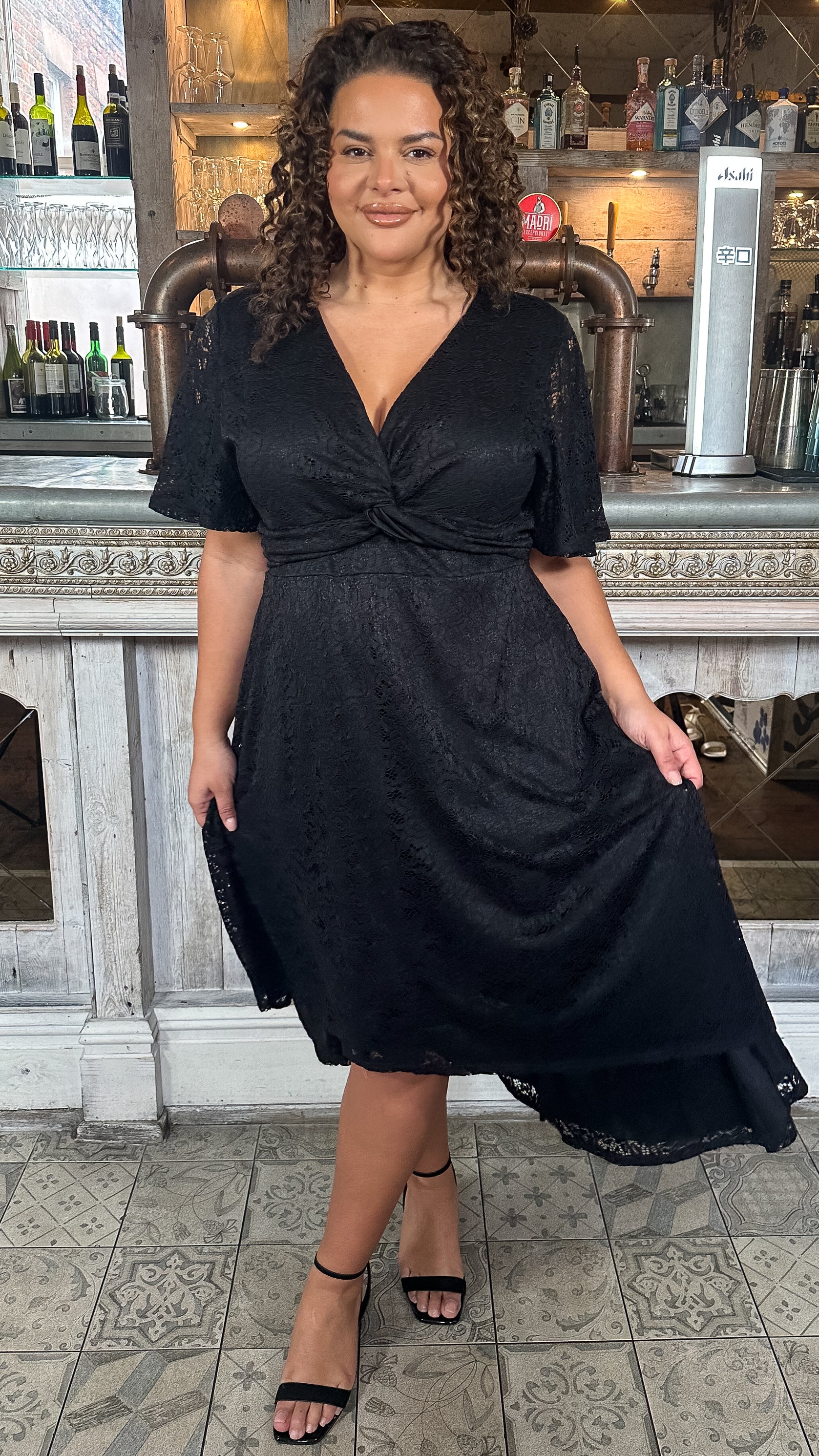 CurveWow Lace Dipped Hem Knot Front Dress Black