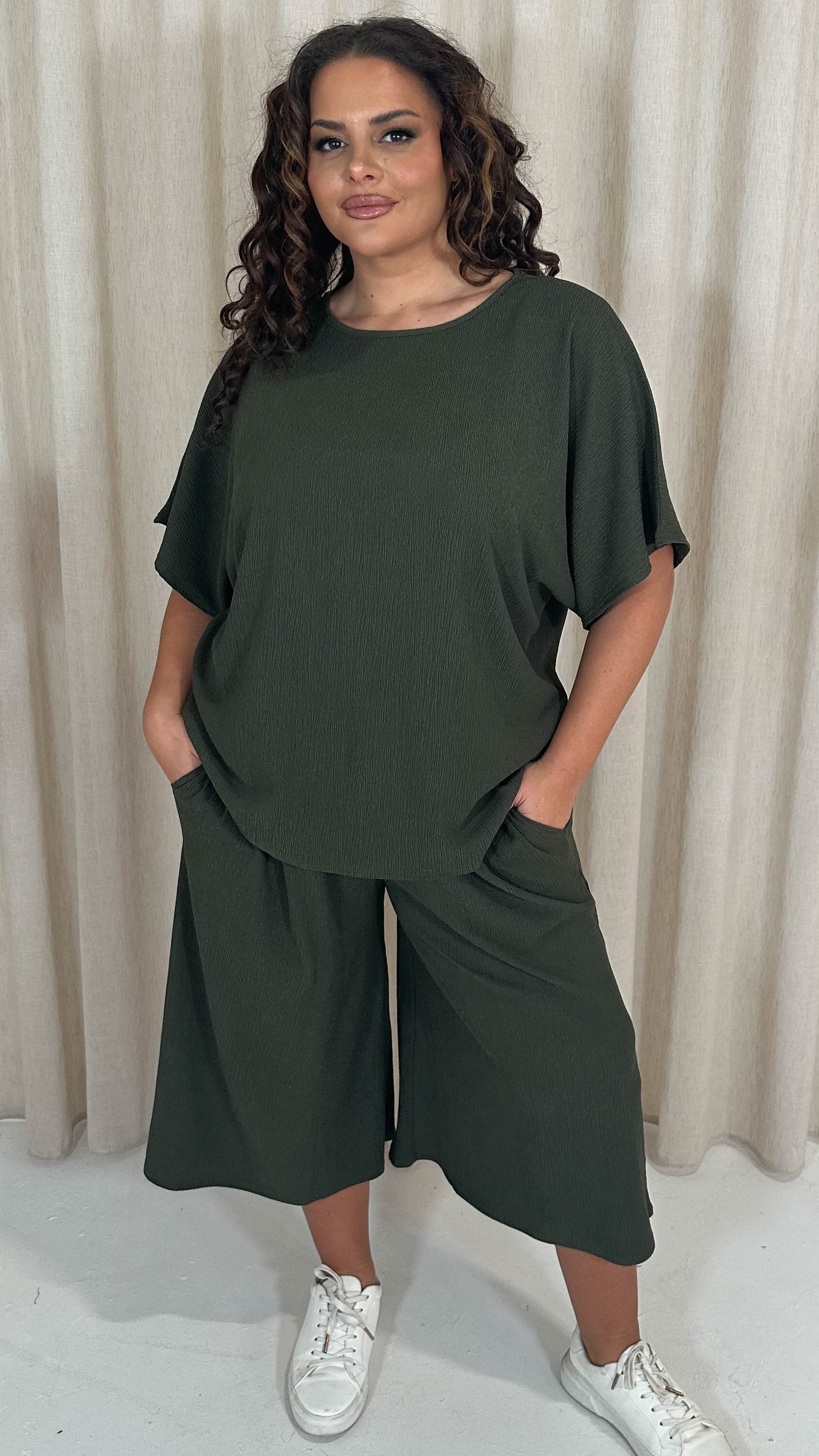 CurveWow Tree Bark Drop Shoulder Boxy Tee Top Khaki