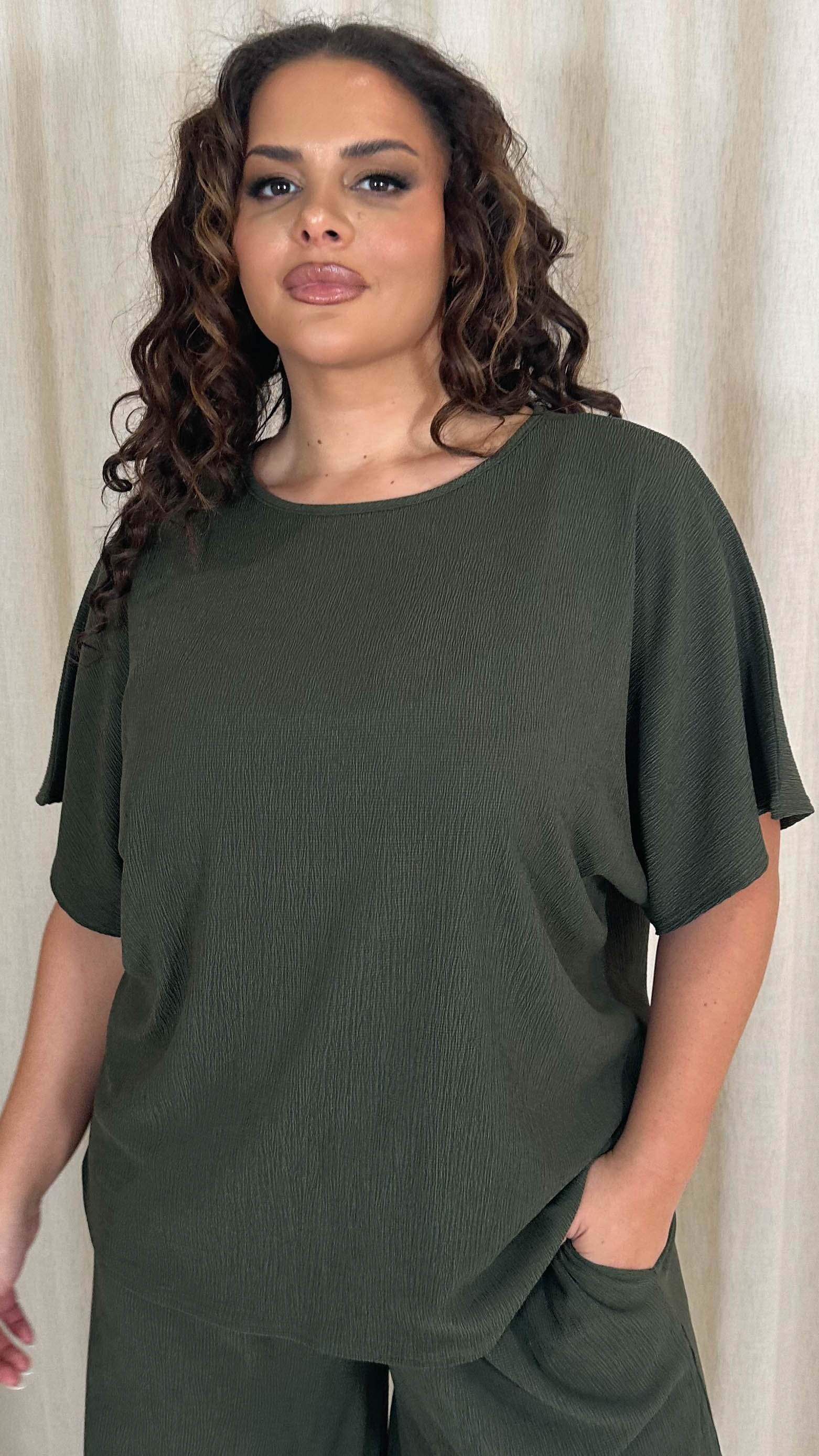 CurveWow Tree Bark Drop Shoulder Boxy Tee Top Khaki