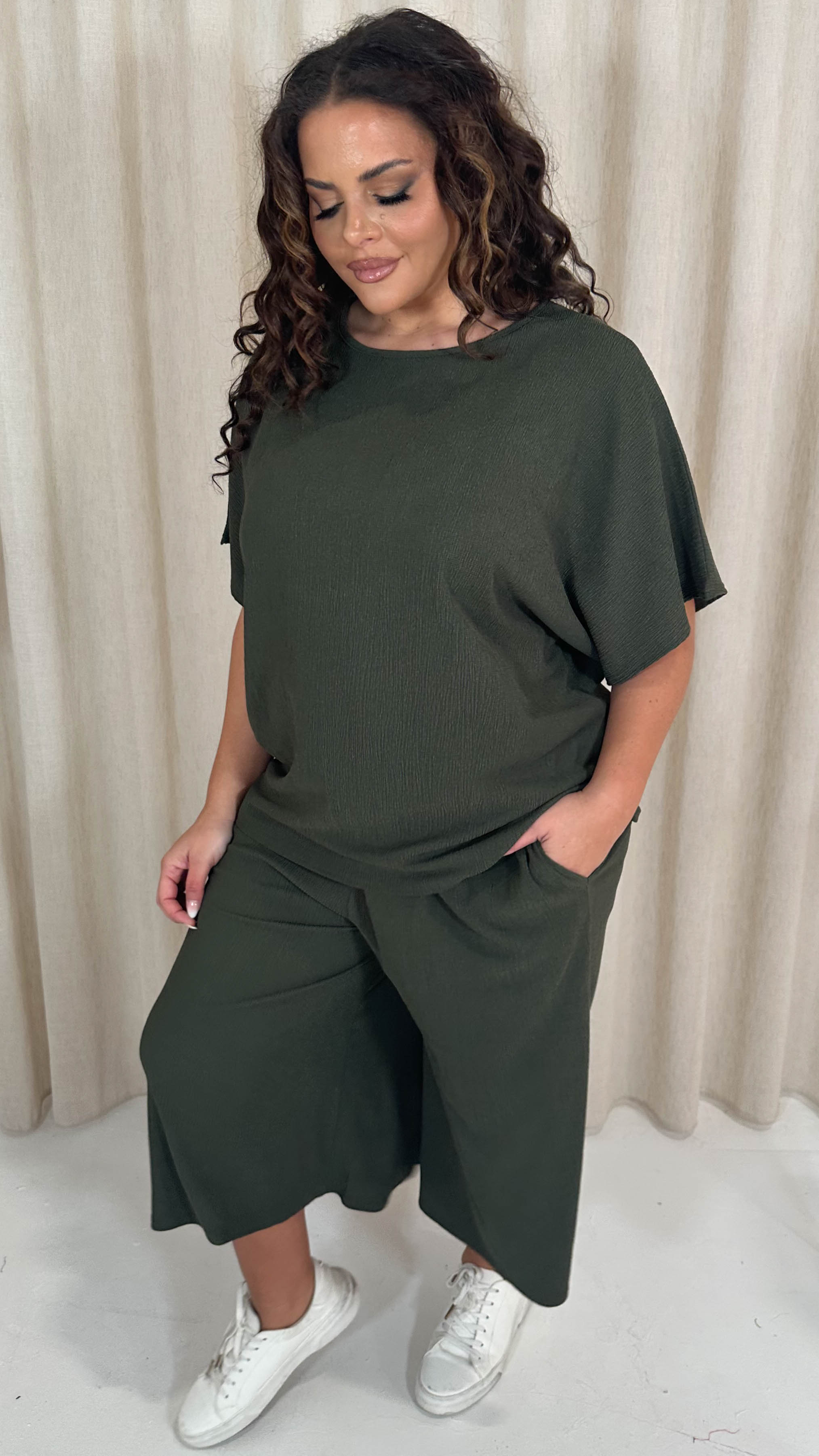 CurveWow Tree Bark Drop Shoulder Boxy Tee Top Khaki