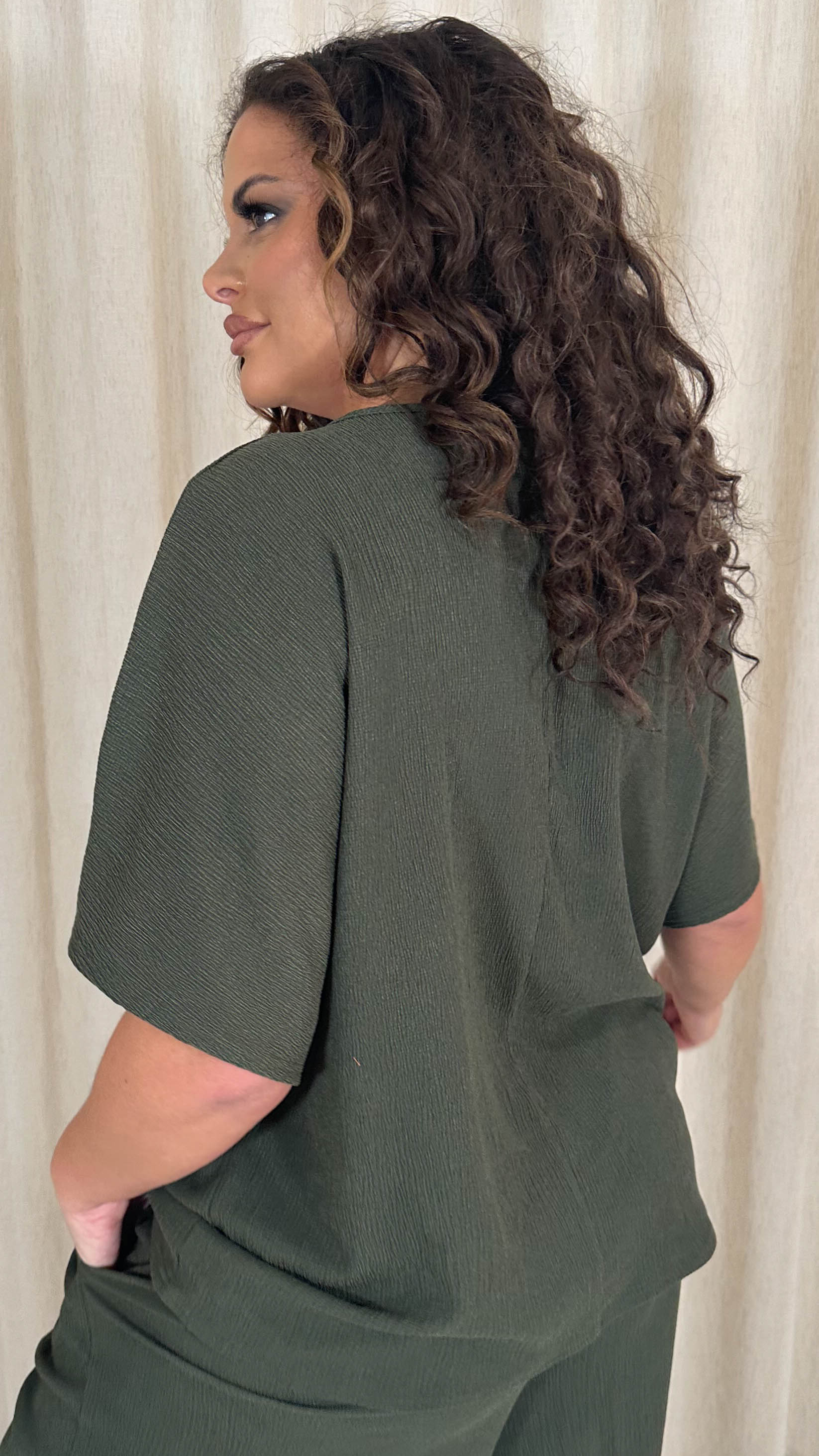 CurveWow Tree Bark Drop Shoulder Boxy Tee Top Khaki