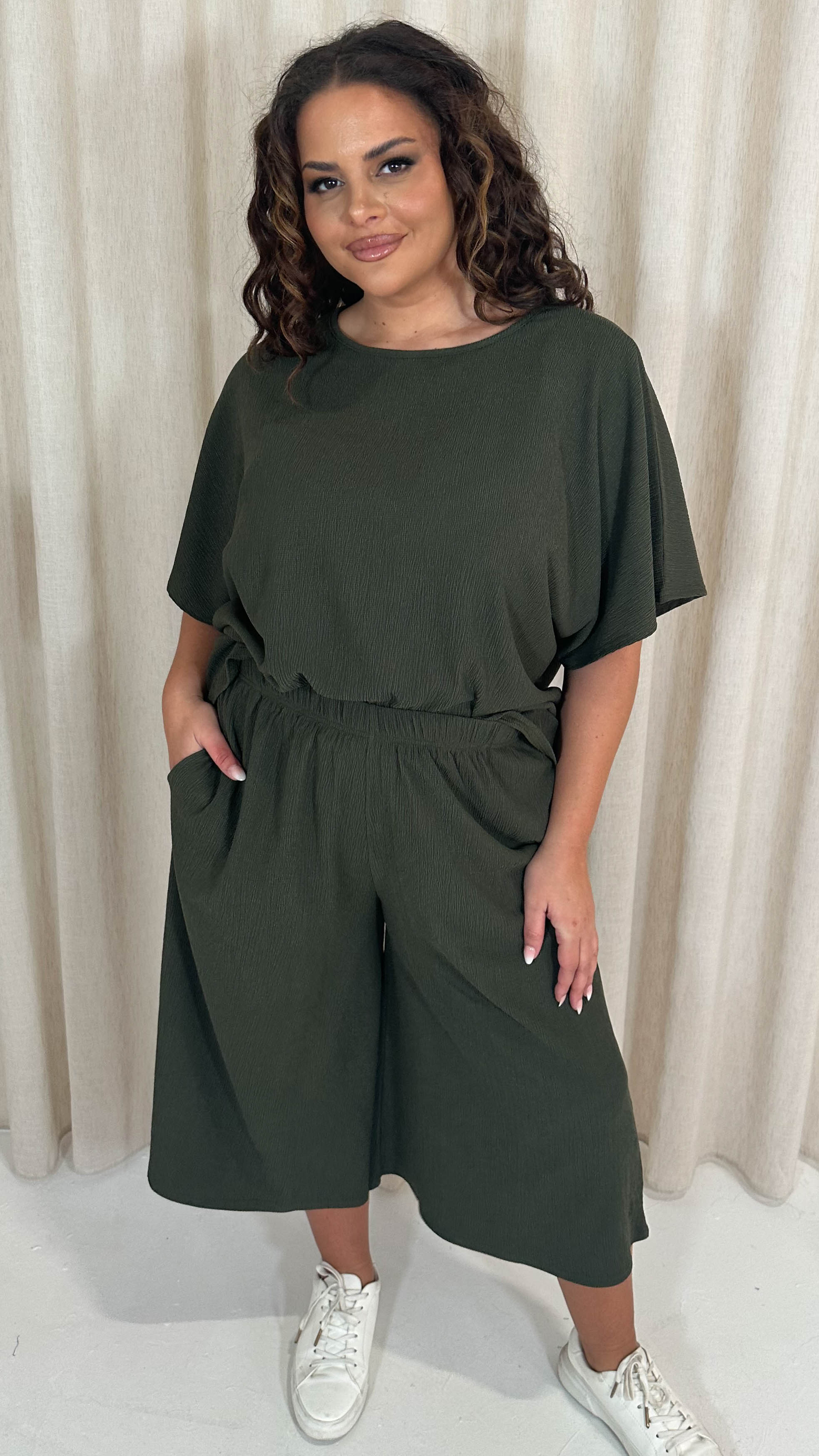 CurveWow Tree Bark Drop Shoulder Boxy Tee Top Khaki