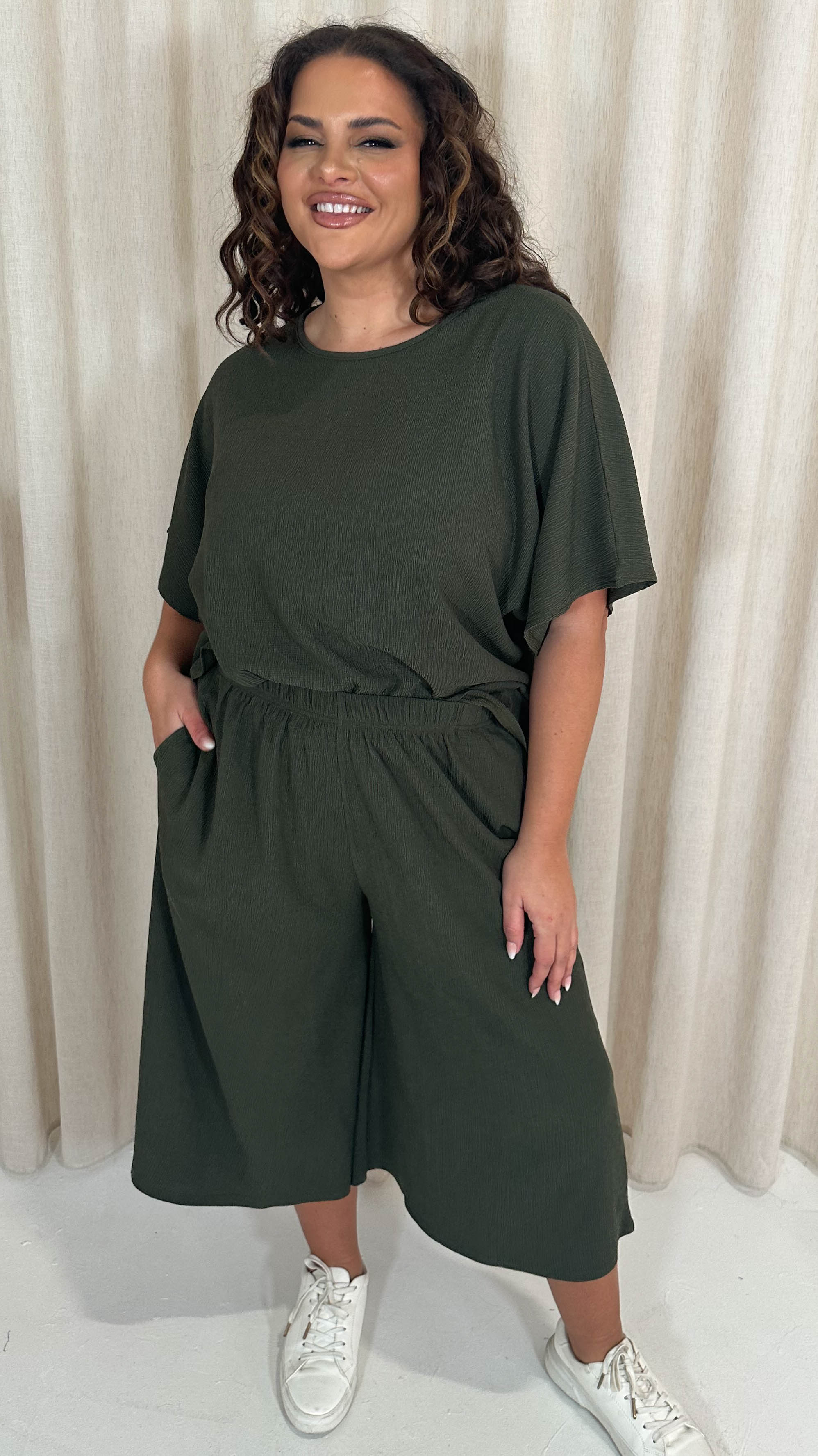 CurveWow Tree Bark Drop Shoulder Boxy Tee Top Khaki