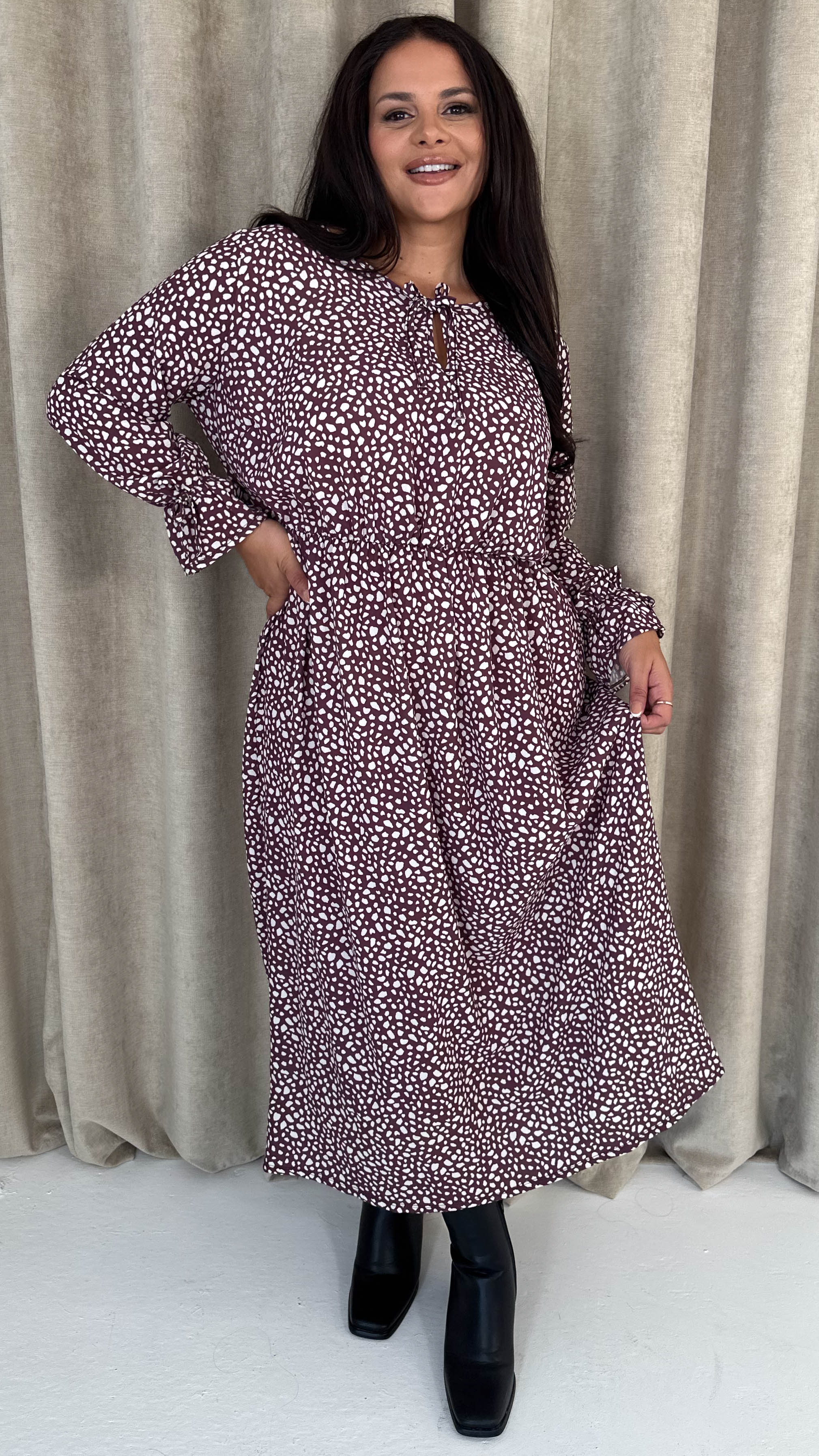 CurveWow Tie Cuff Midaxi Dress Plum Animal