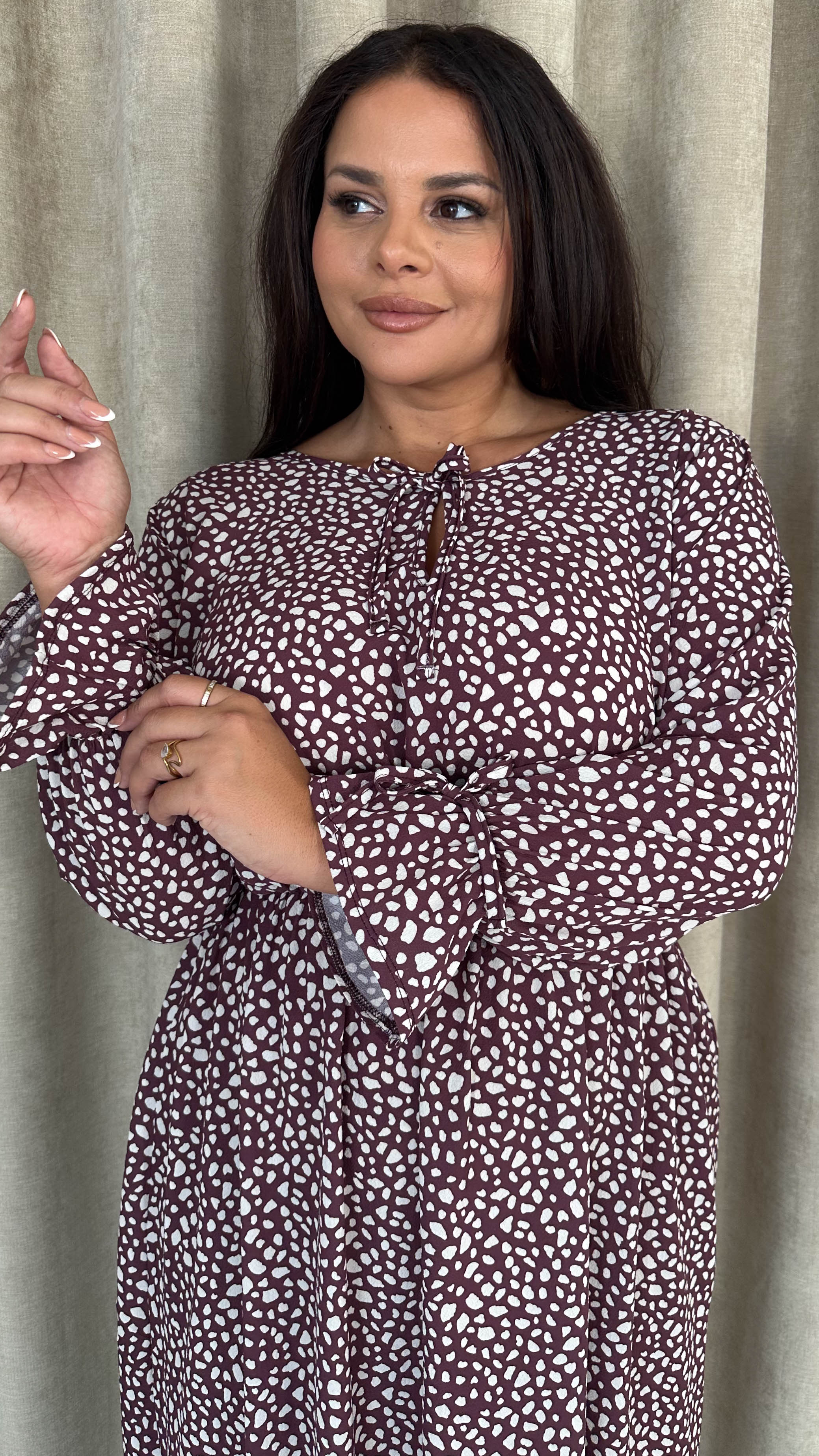 CurveWow Tie Cuff Midaxi Dress Plum Animal