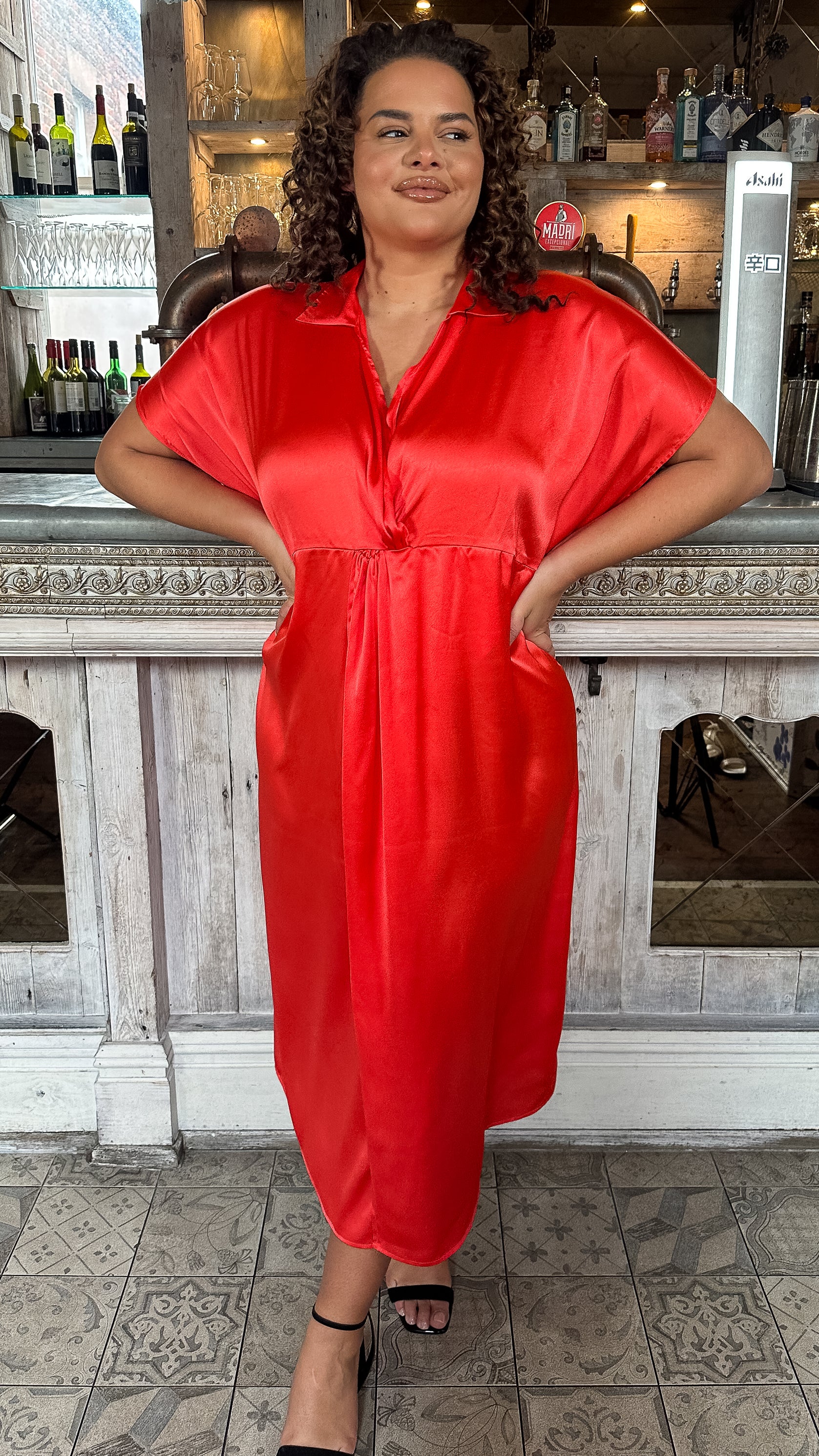 CurveWow Satin Twist Collared Dress Red
