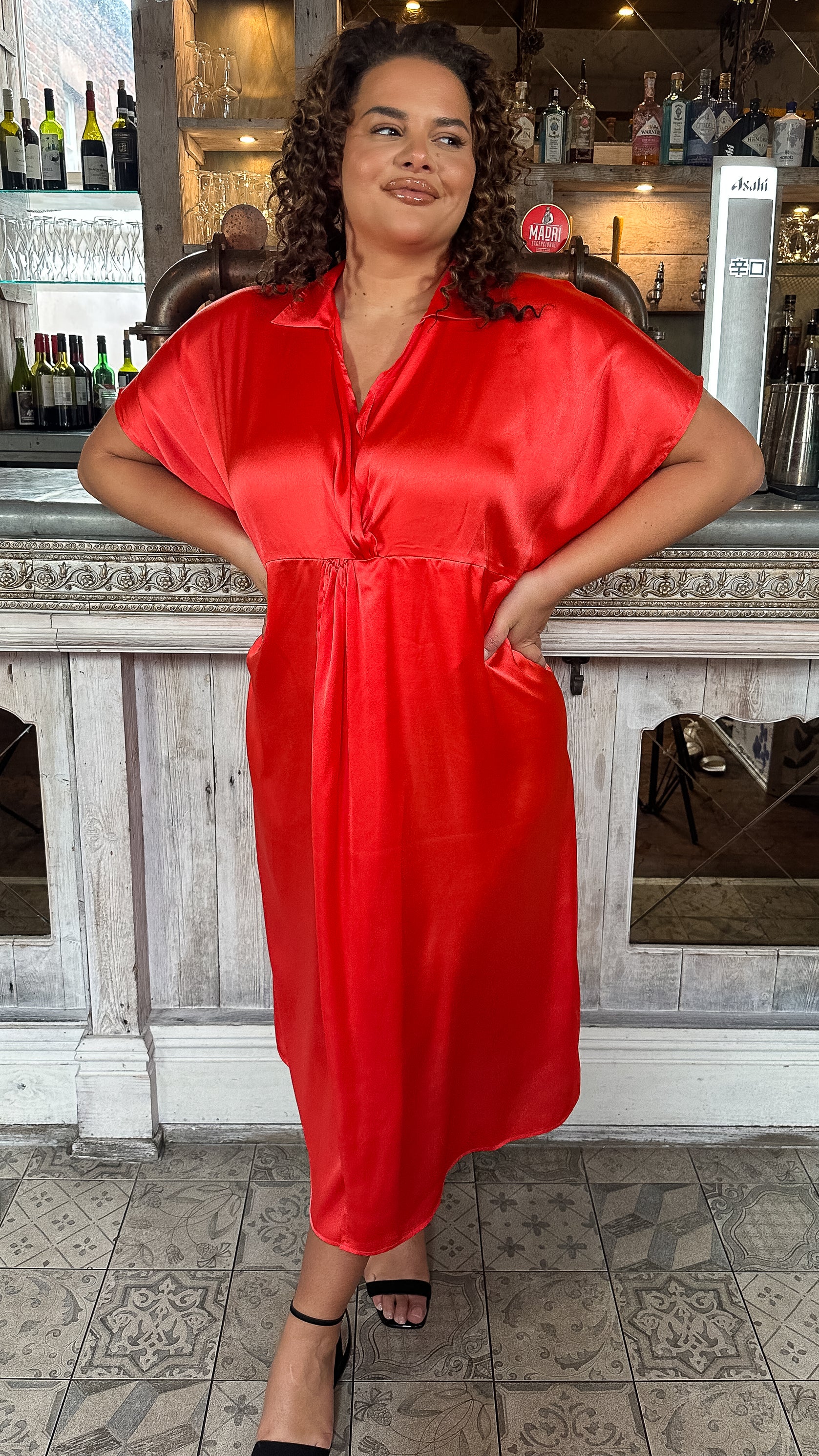 CurveWow Satin Twist Collared Dress Red