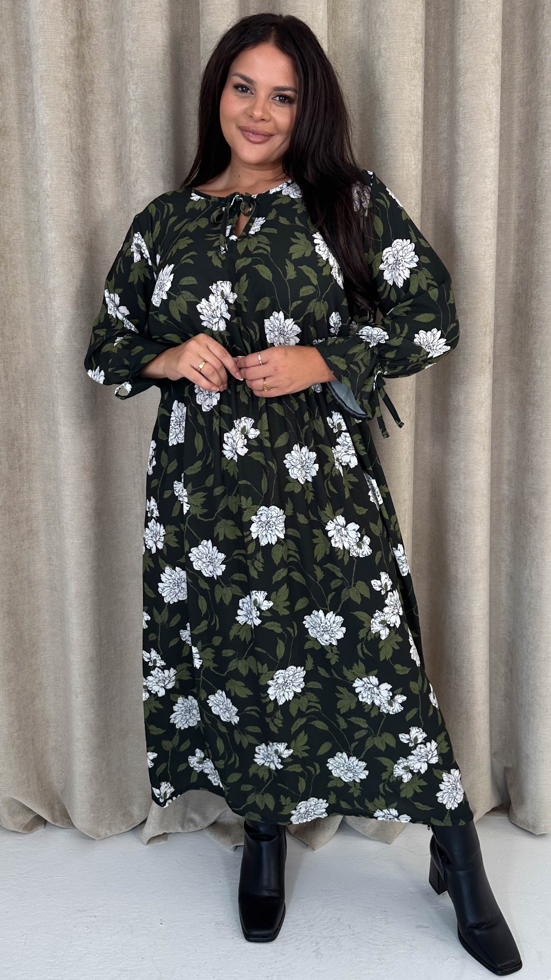 CurveWow Tie Cuff Midaxi Dress Black Floral