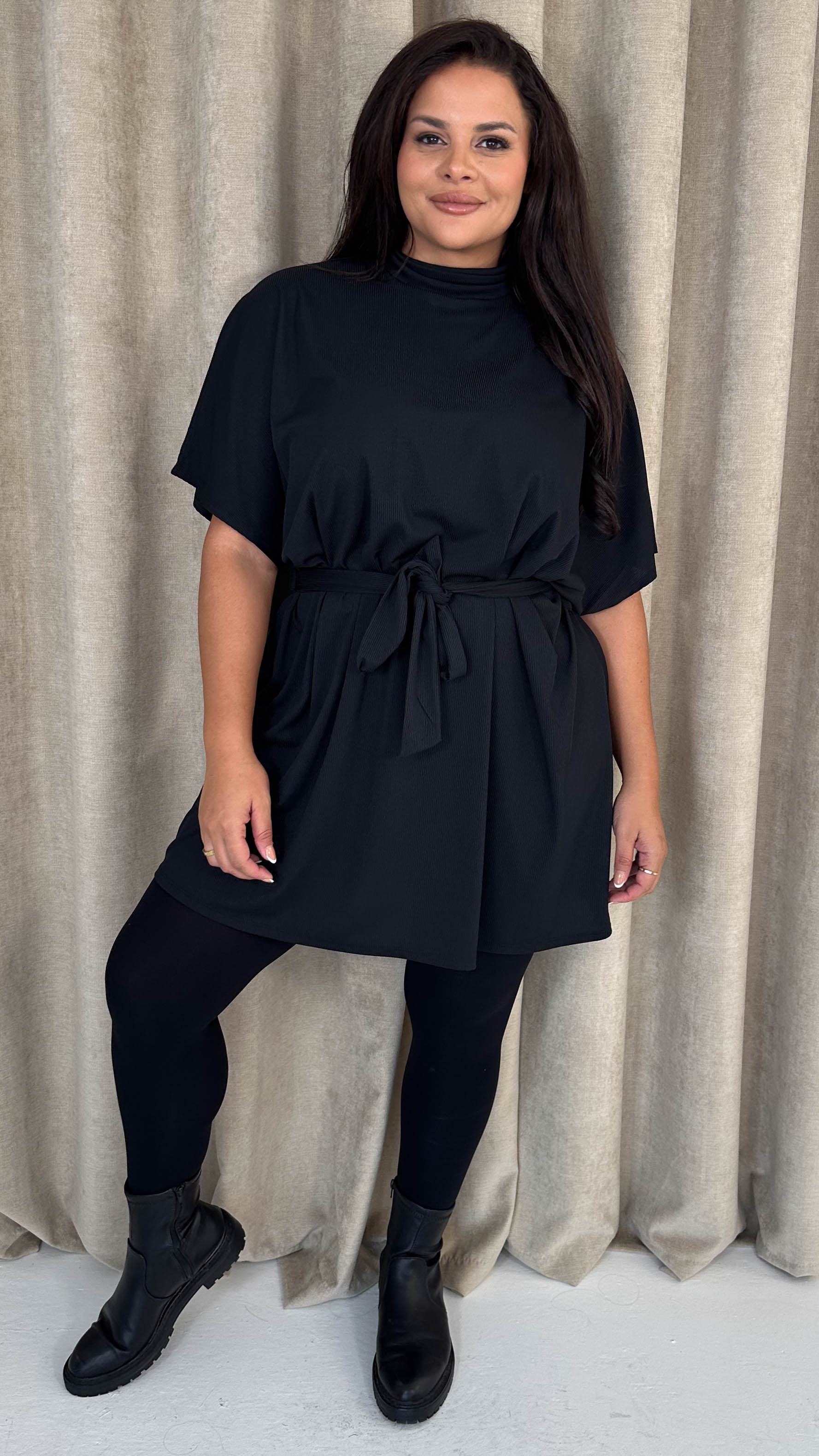 CurveWow High Neck Tie Waist Mini Dress Black