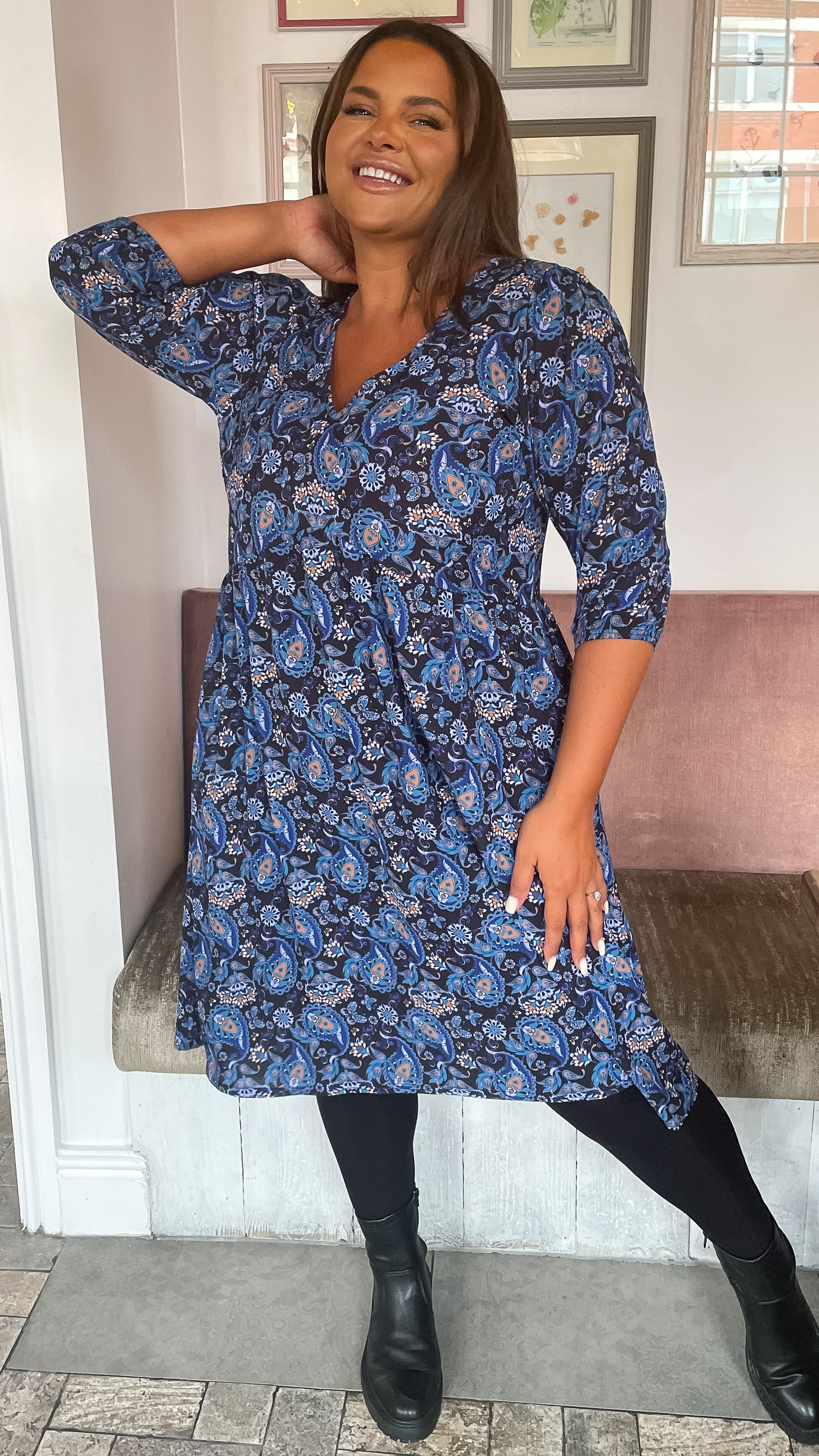CurveWow V Neck Smock Dress Blue Paisley