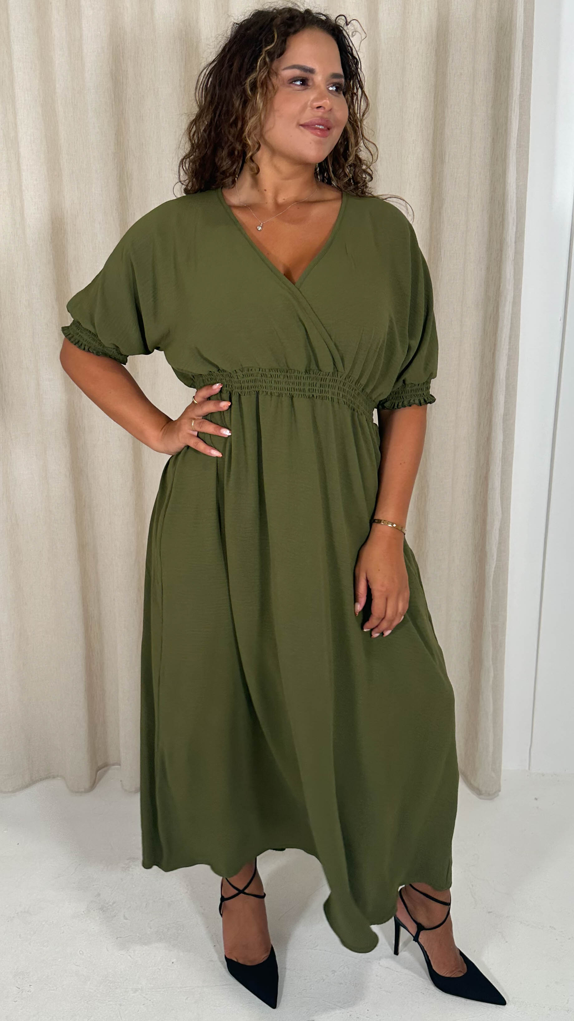 CurveWow Shirred Waist Cuff Midaxi Dress Khaki