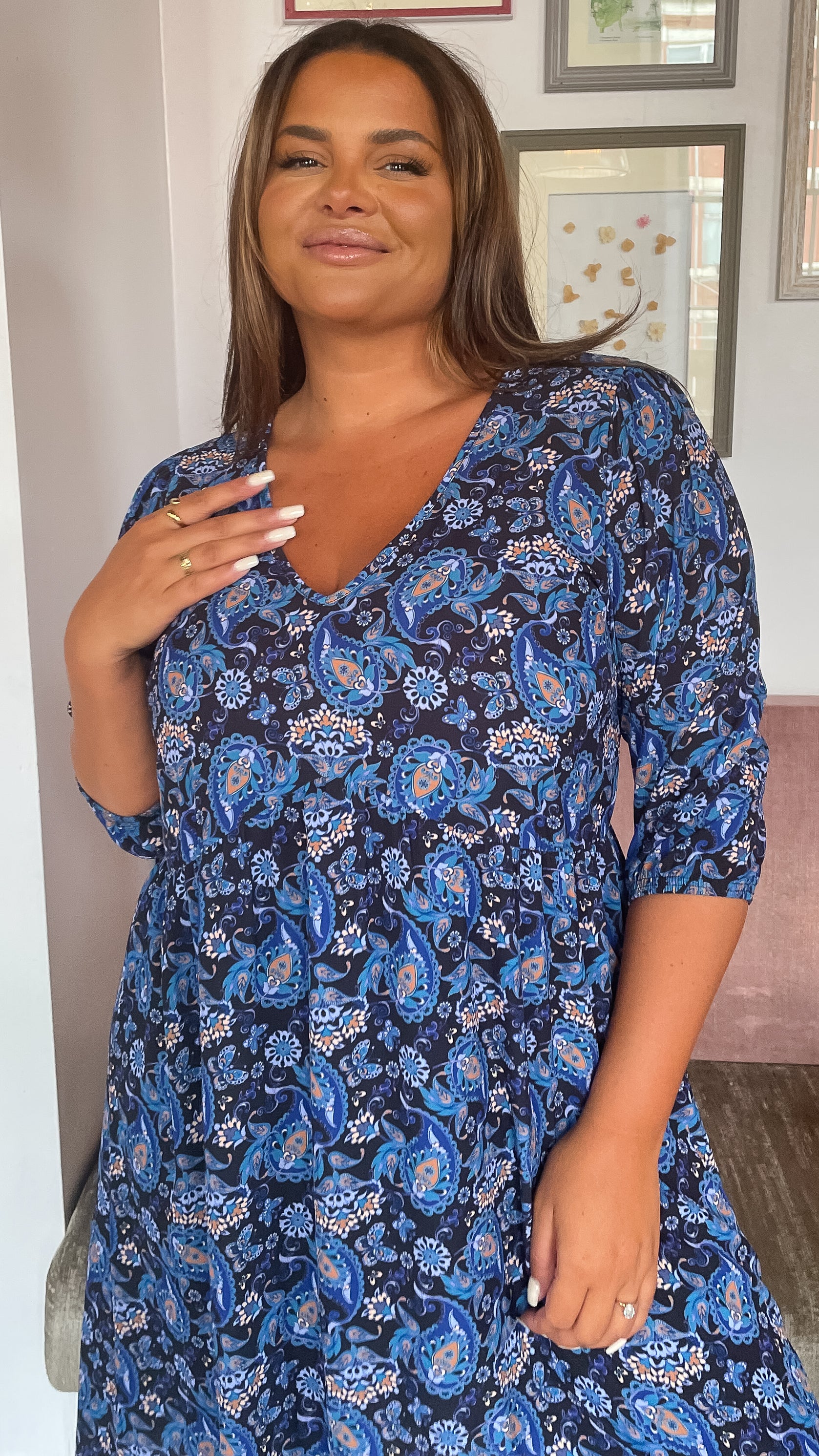 CurveWow V Neck Smock Dress Blue Paisley
