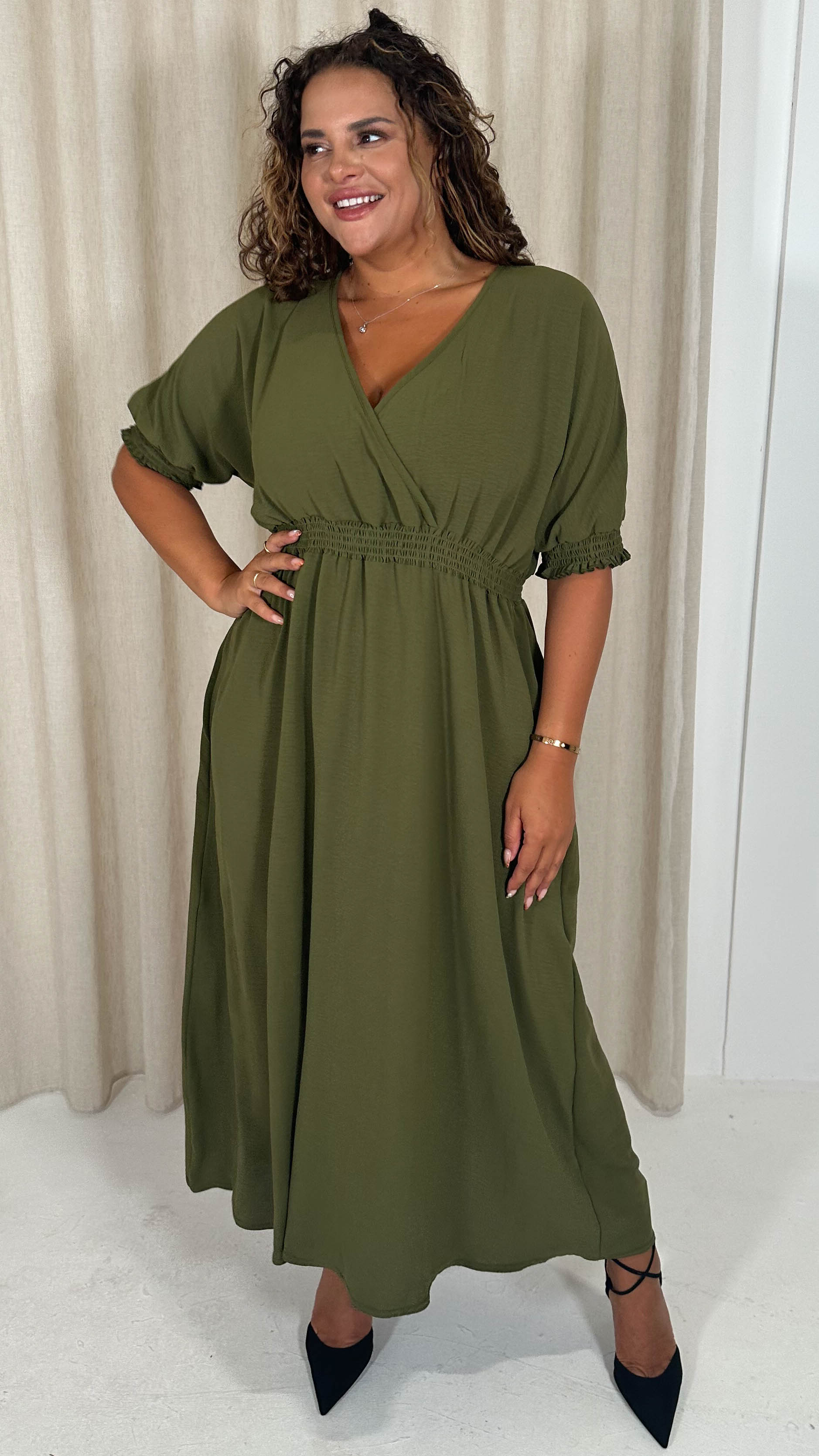 CurveWow Shirred Waist Cuff Midaxi Dress Khaki