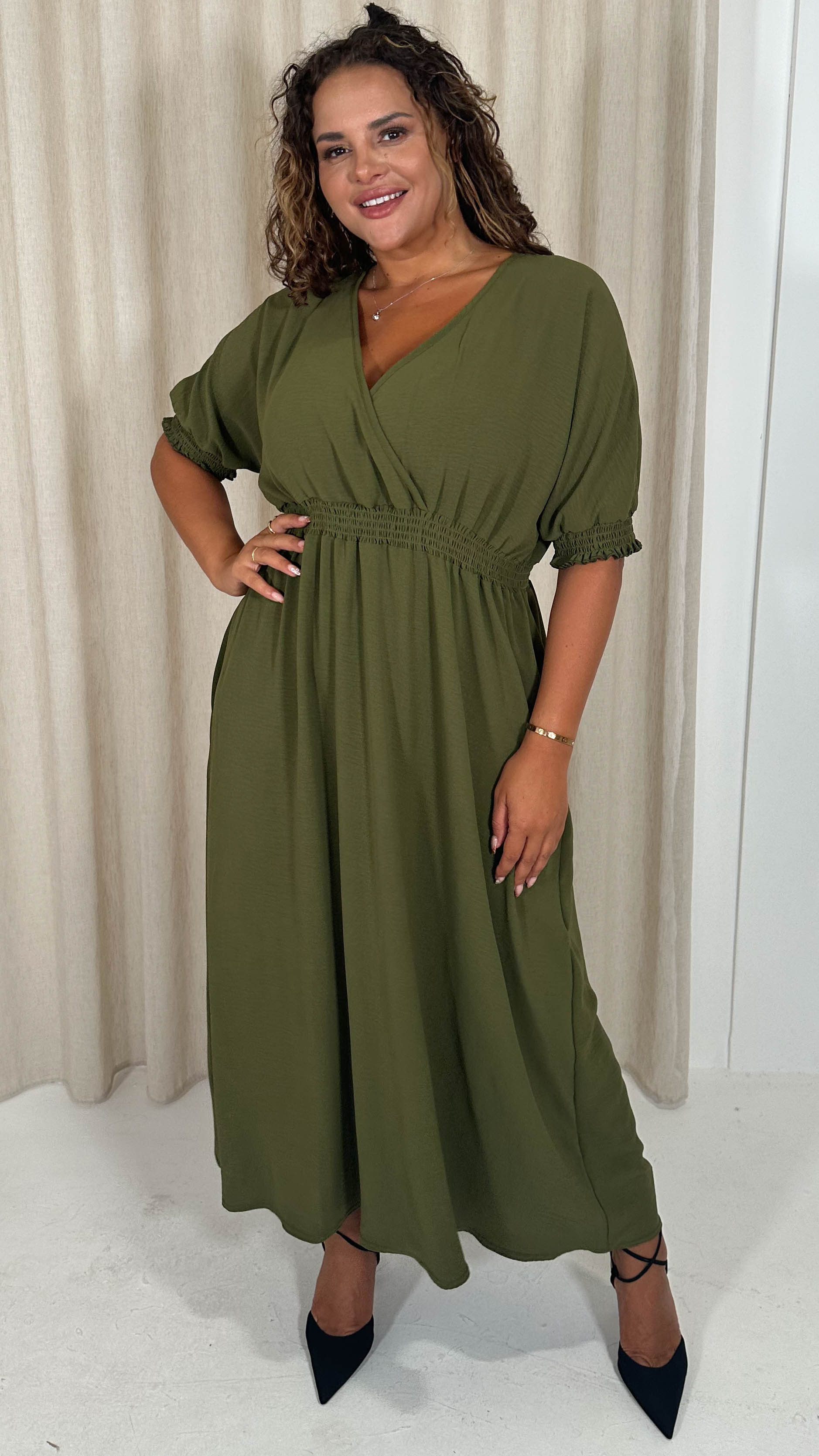 CurveWow Shirred Waist Cuff Midaxi Dress Khaki
