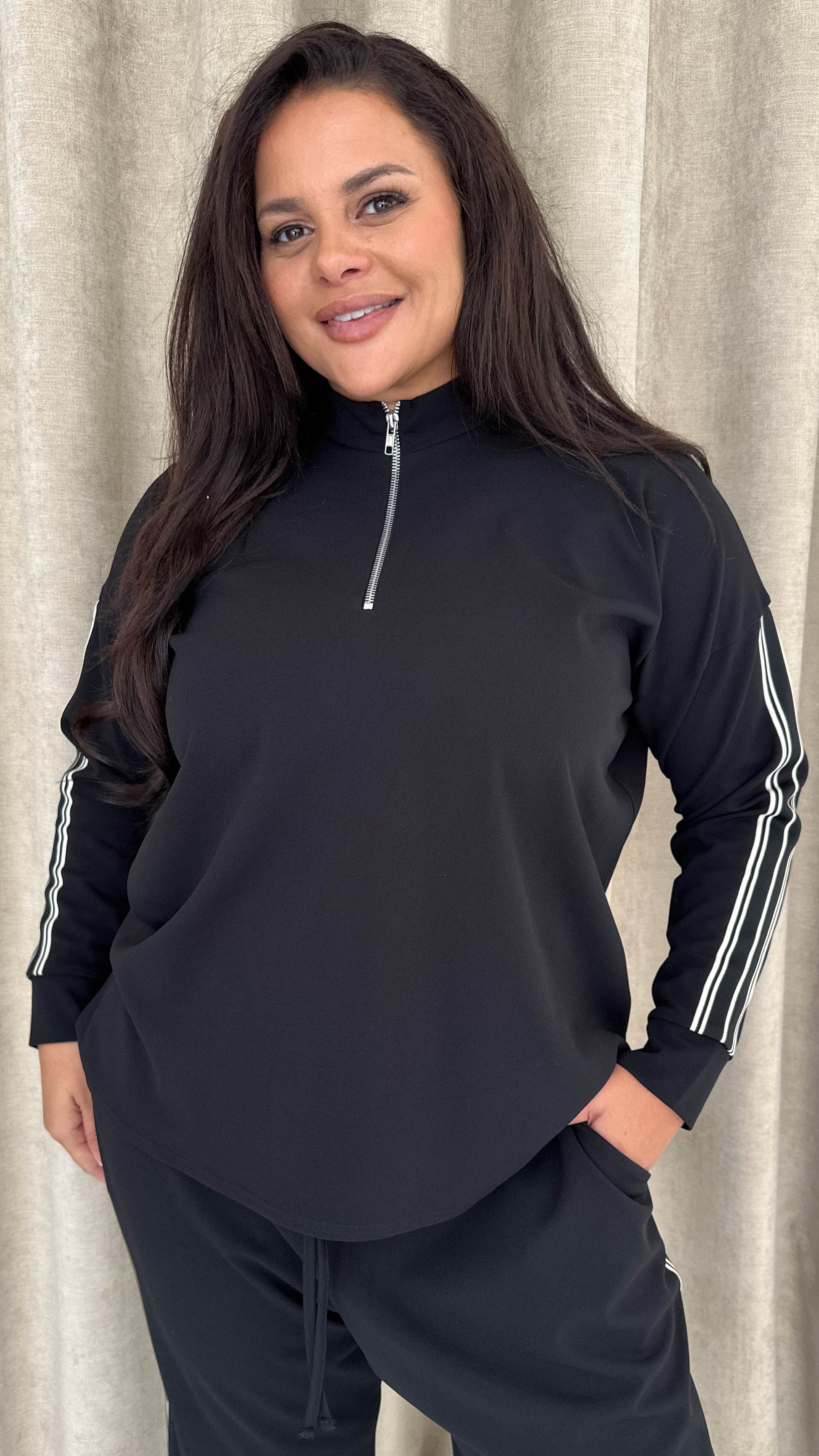 CurveWow Half Zip Tape Shoulder Top Black