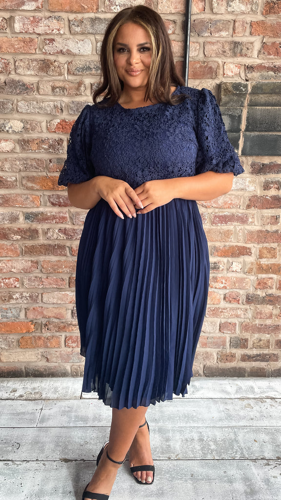 CurveWow V-Neck Lace Top Pleat Dress Fuchsia
