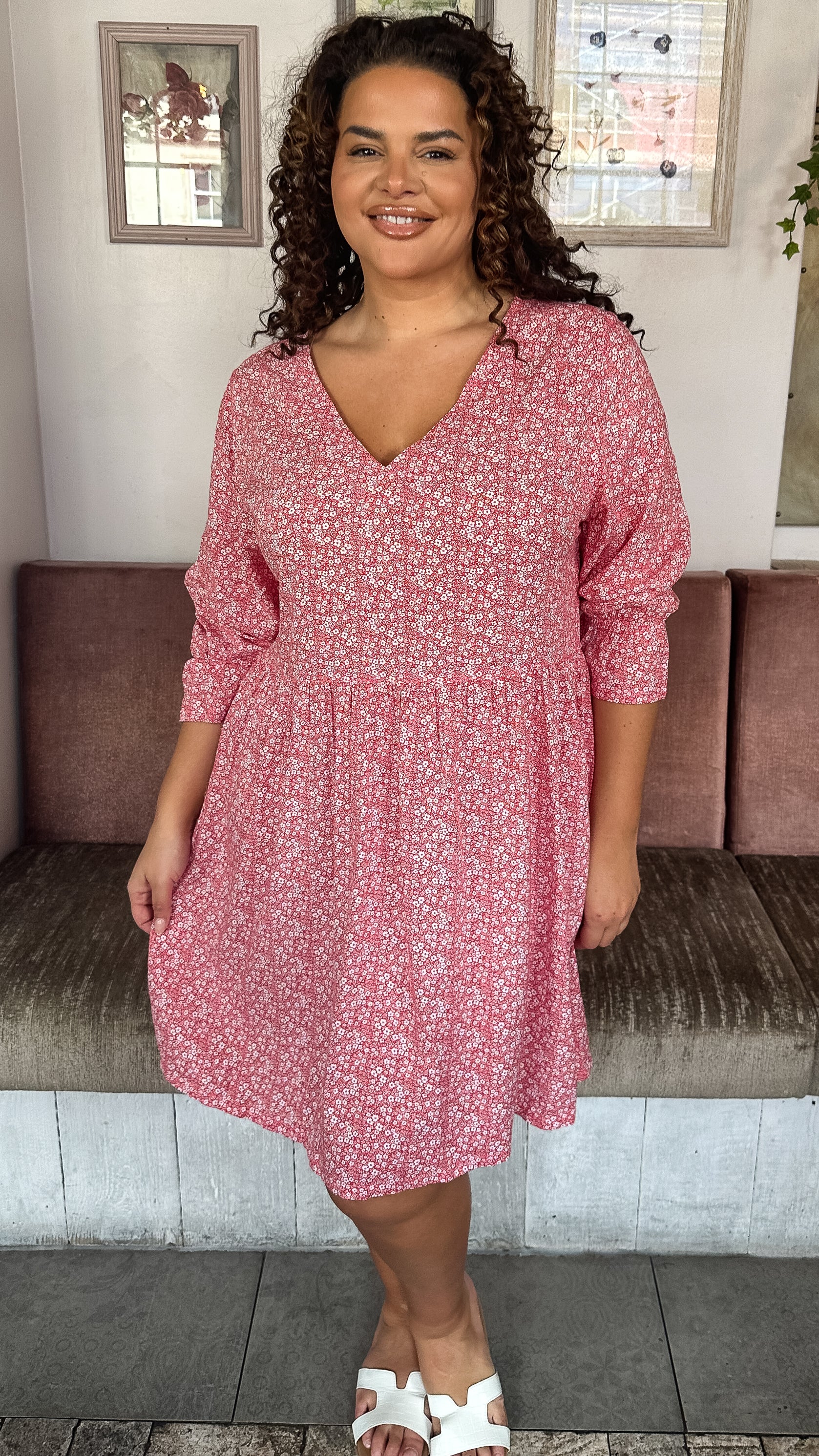 CurveWow Printed Smock Mini Dress Red Ditsy