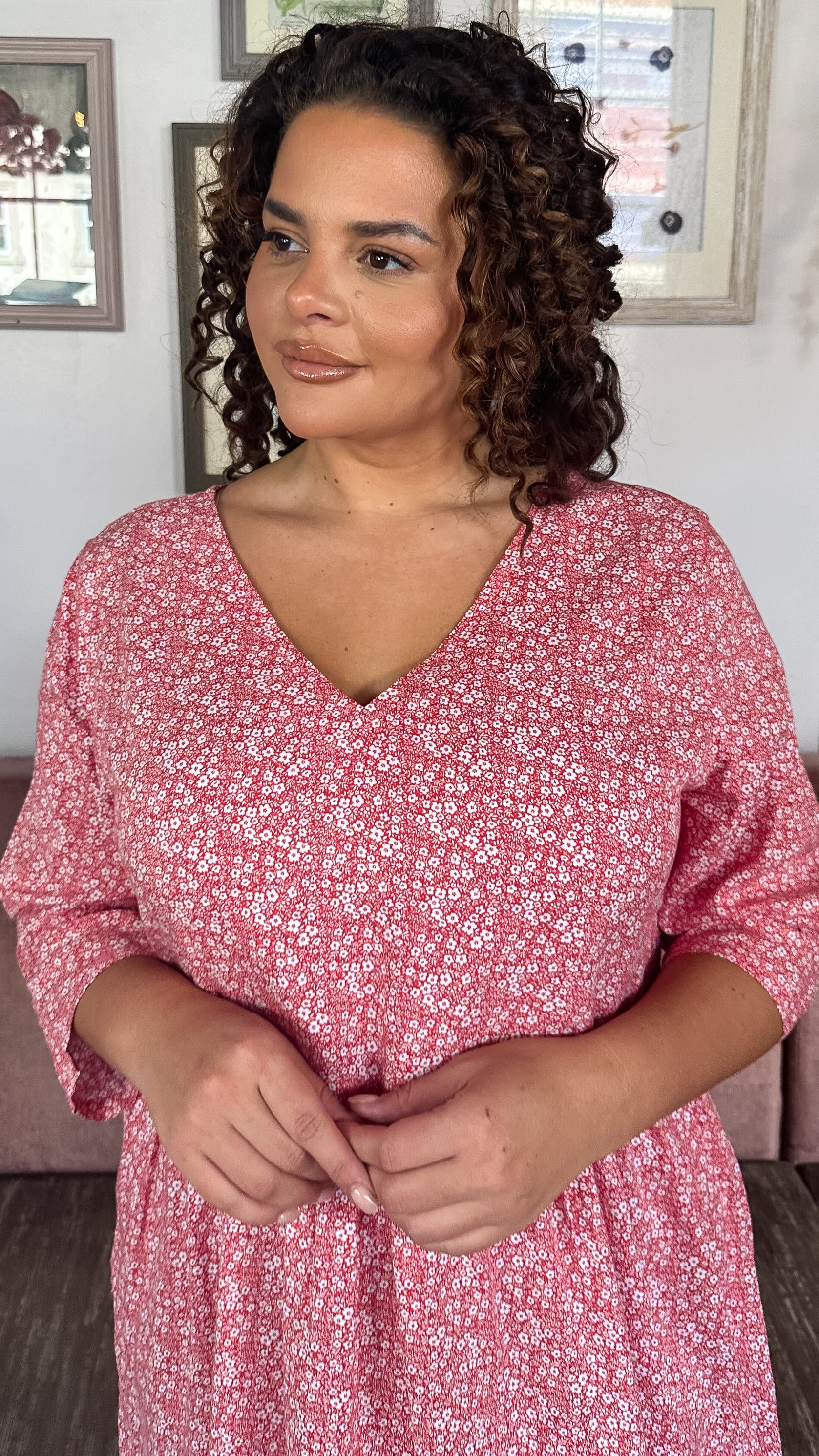 CurveWow Printed Smock Mini Dress Red Ditsy