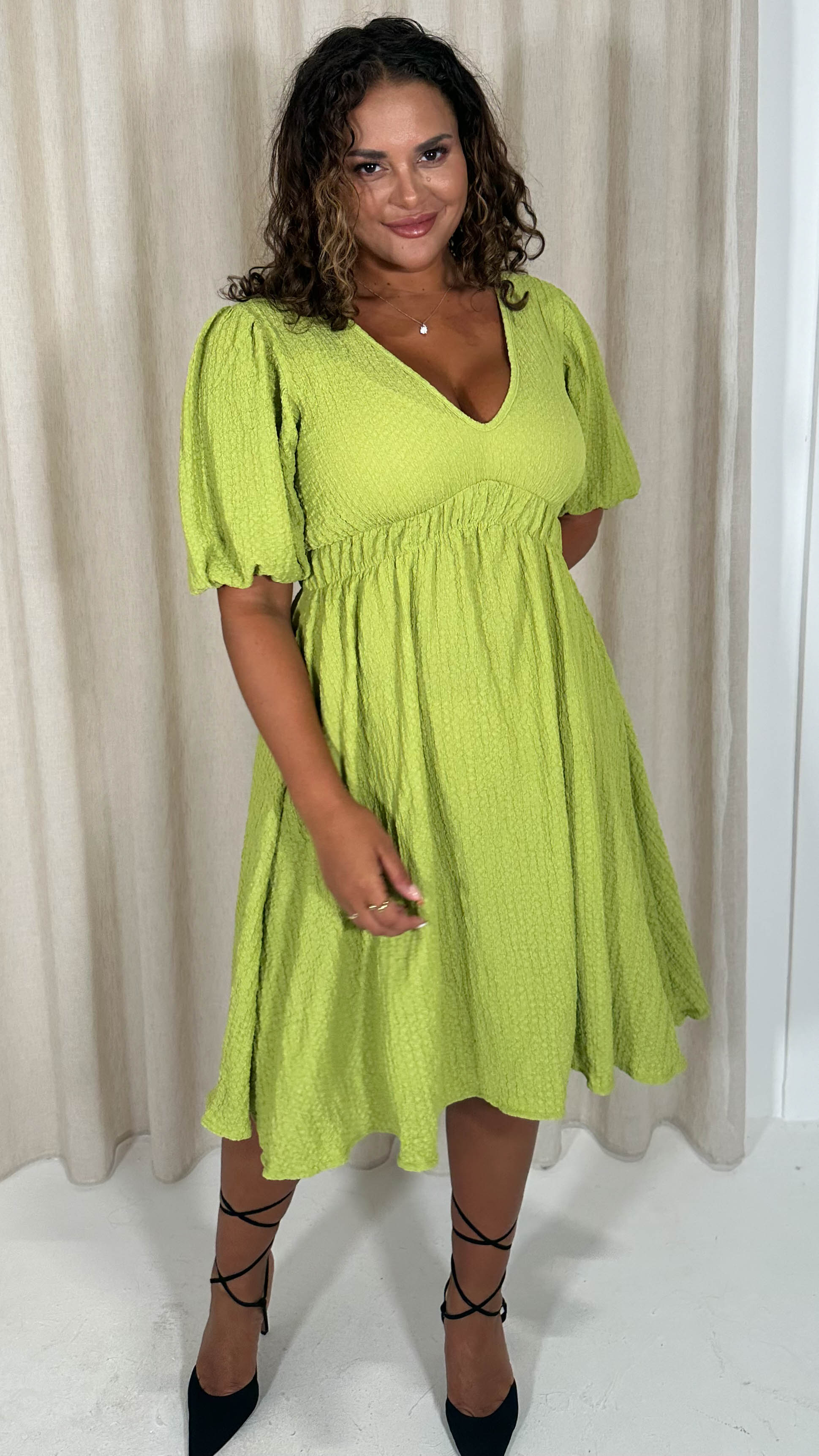 CurveWow Texture V Neck Midi Dress Lime