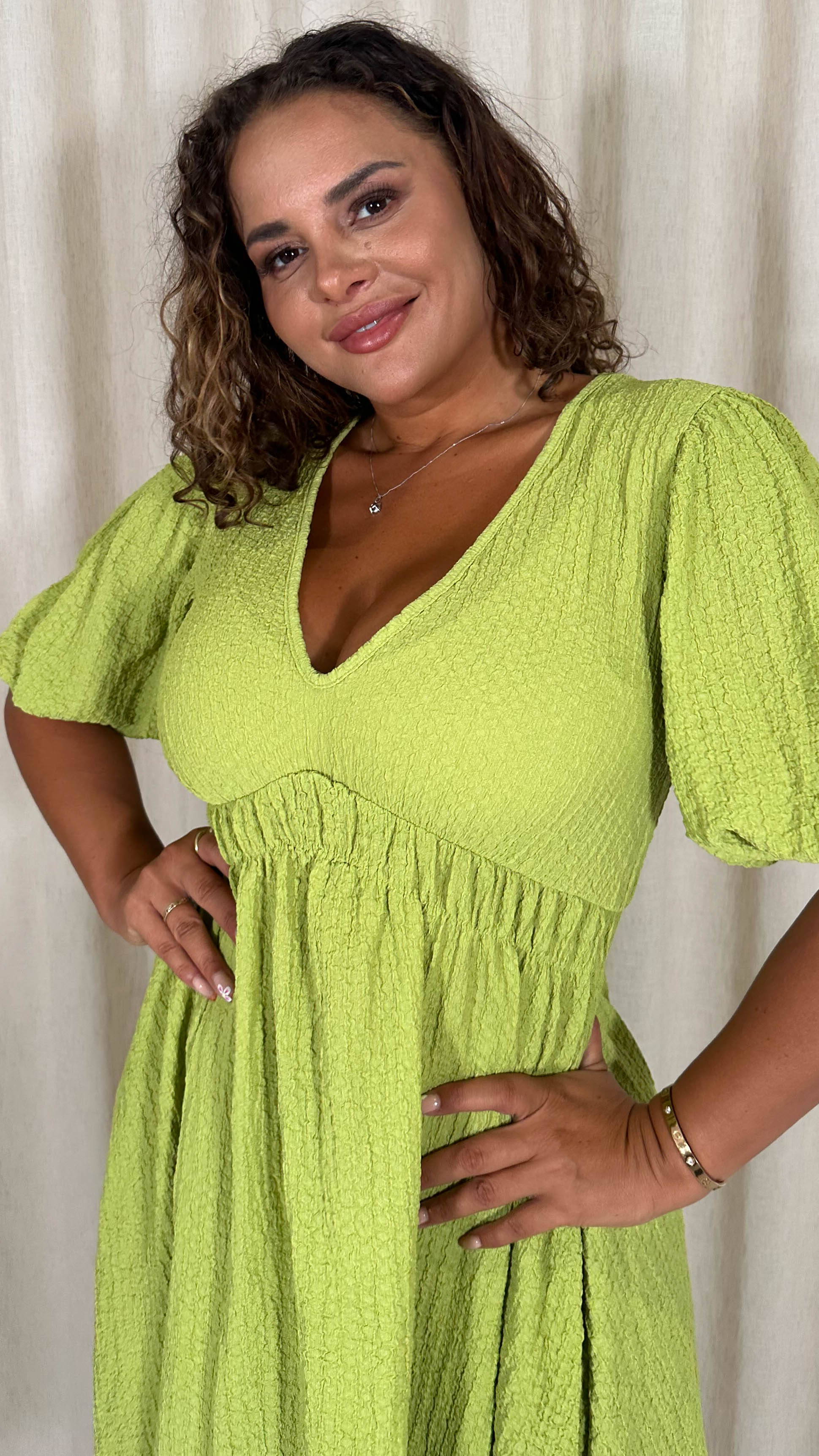 CurveWow Texture V Neck Midi Dress Lime