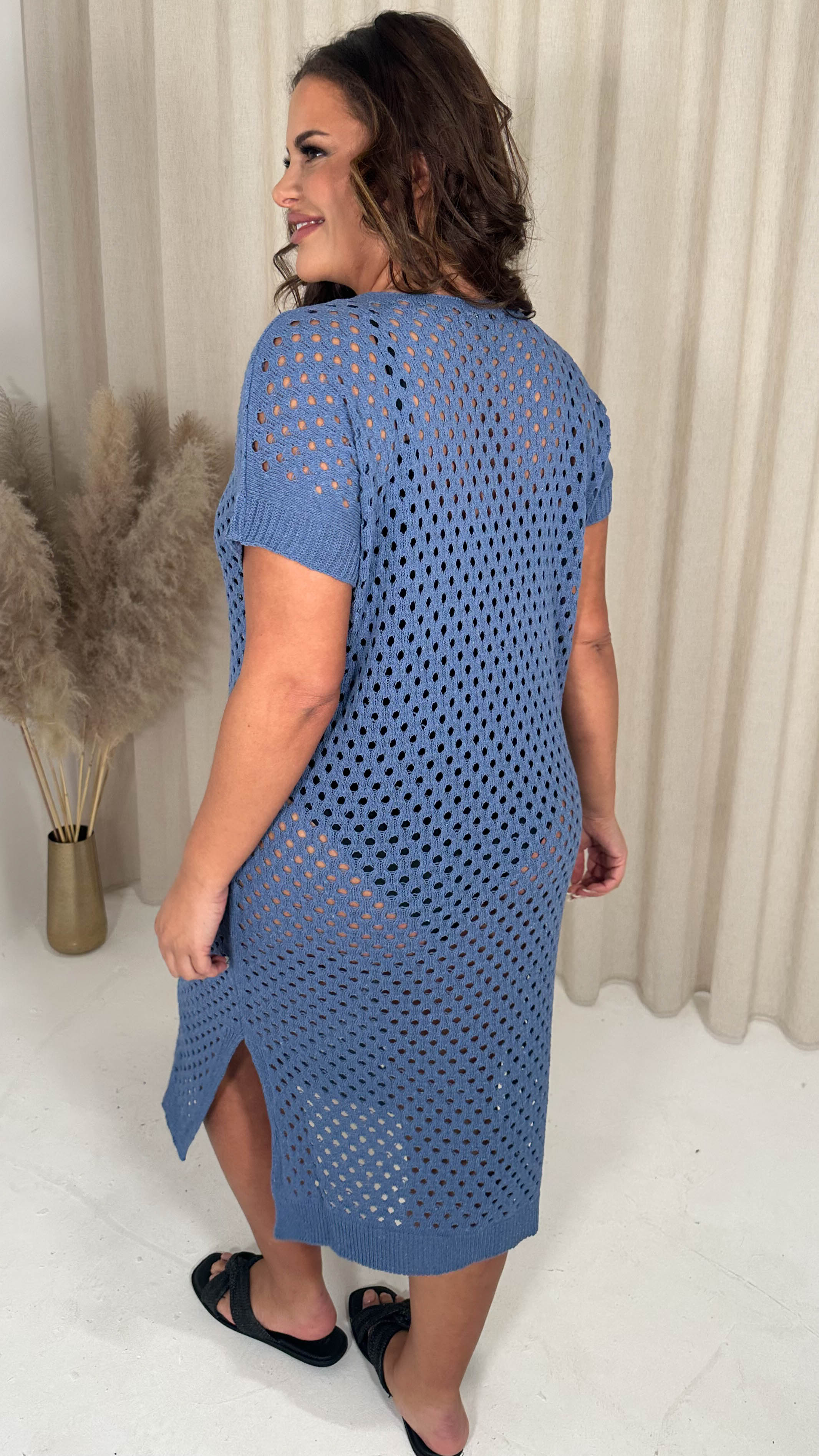 CurveWow Crochet Knitted V Neck Beach Dress Indigo Blue