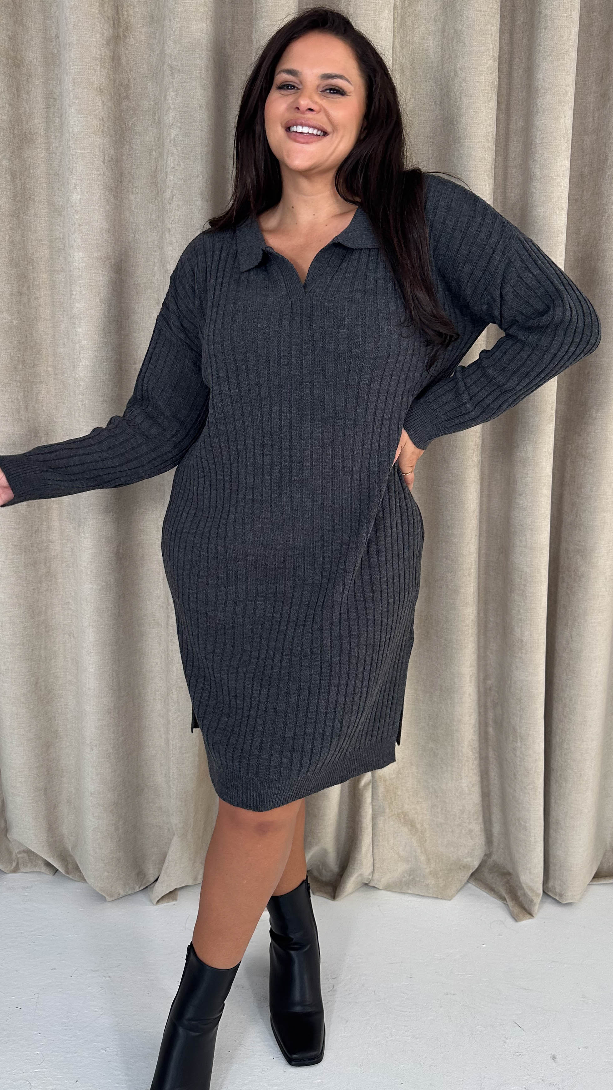 CurveWow Collar Rib Knitted Jumper Dress Charcoal