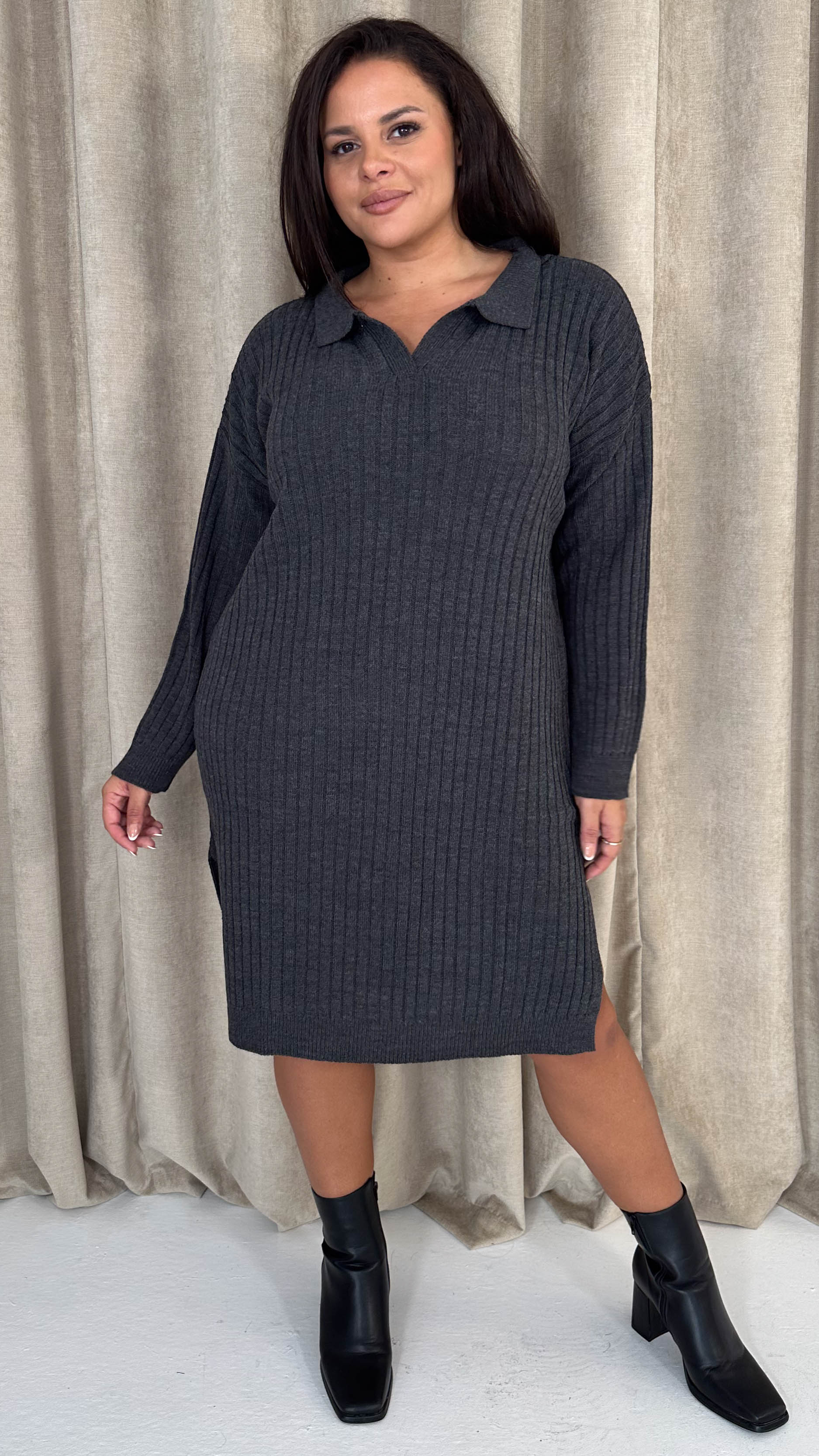 CurveWow Collar Rib Knitted Jumper Dress Charcoal