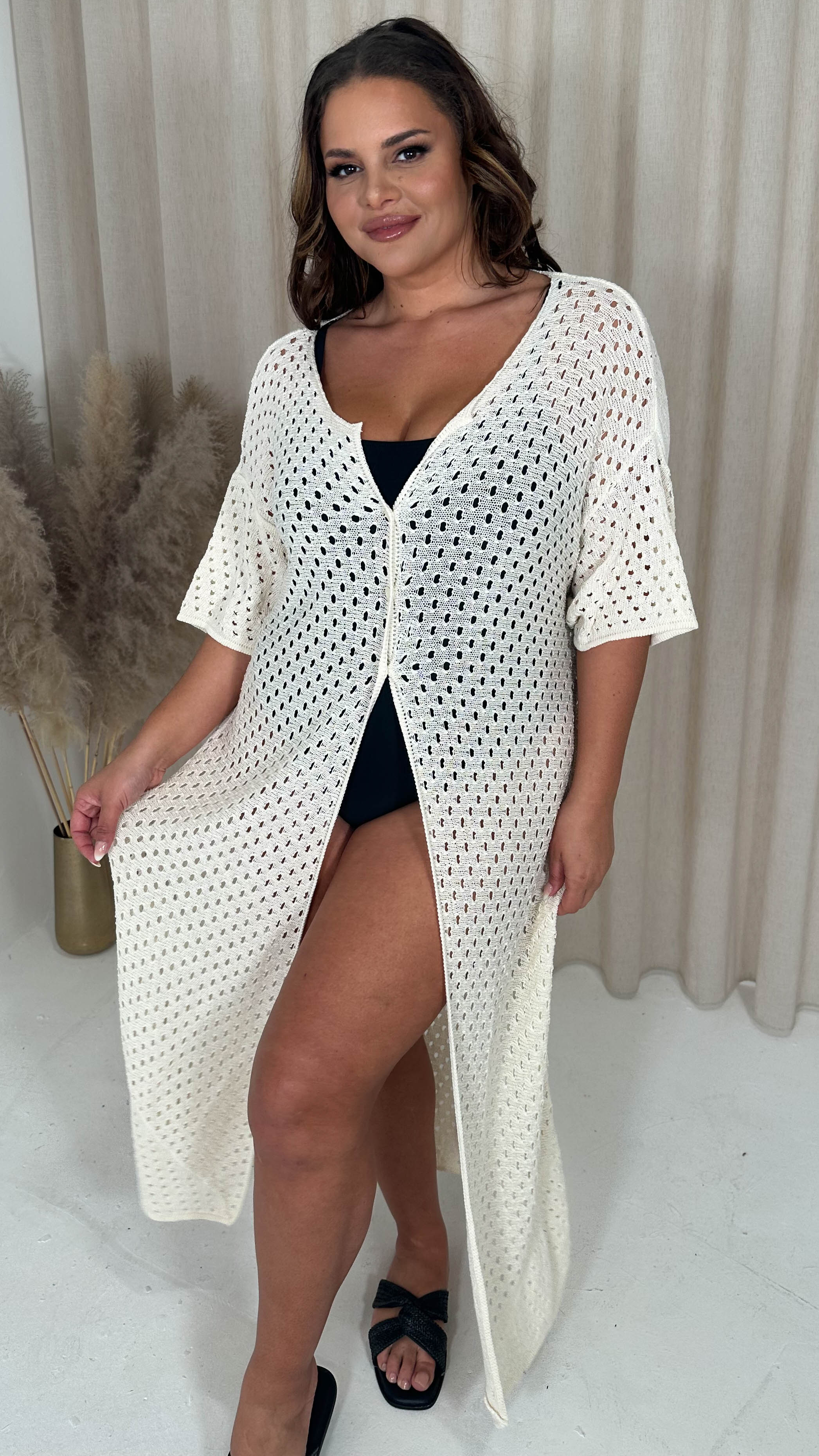 CurveWow Crochet Knitted Cardigan Oatmeal