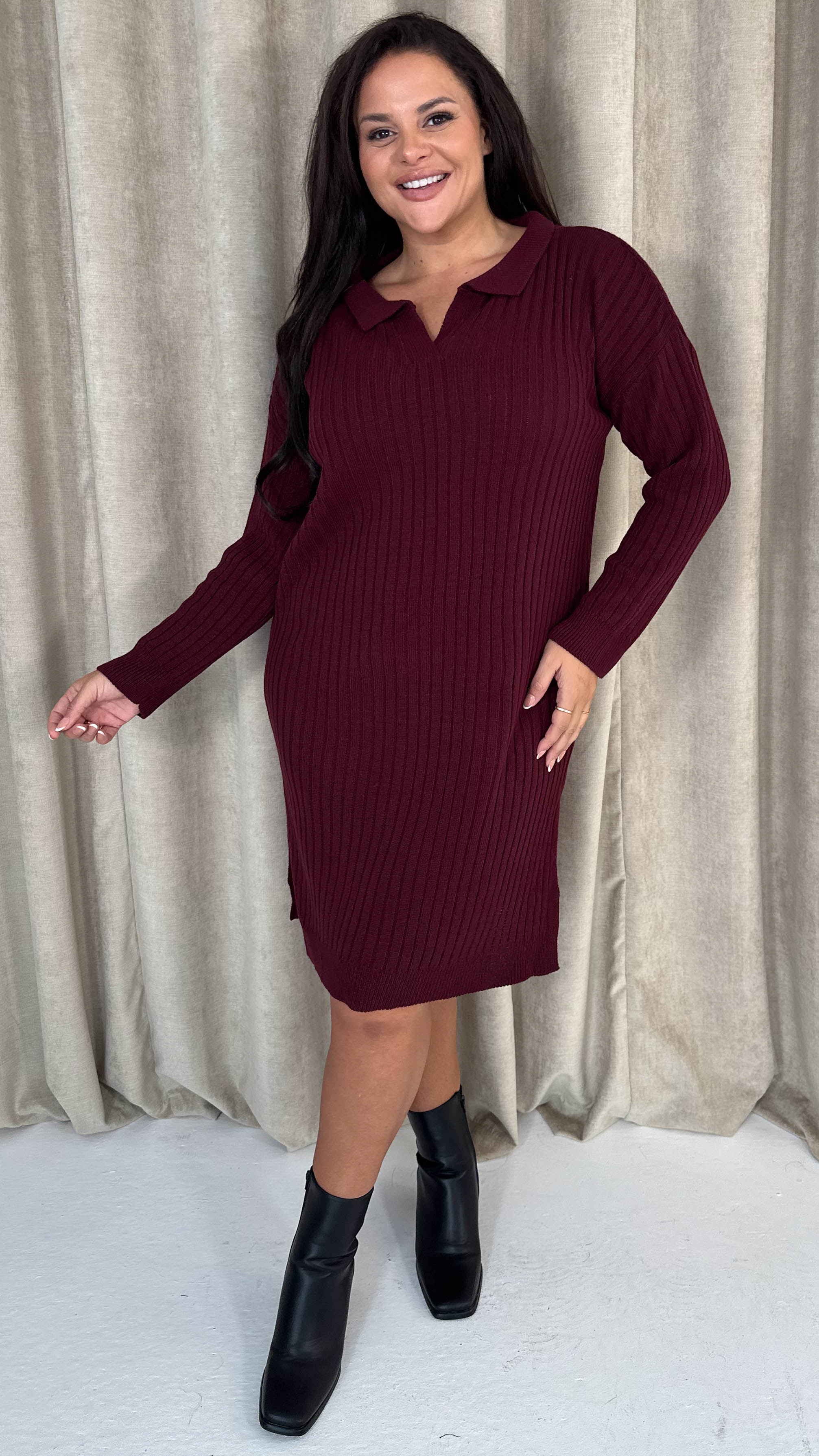 CurveWow Collar Rib Knitted Jumper Dress Wine