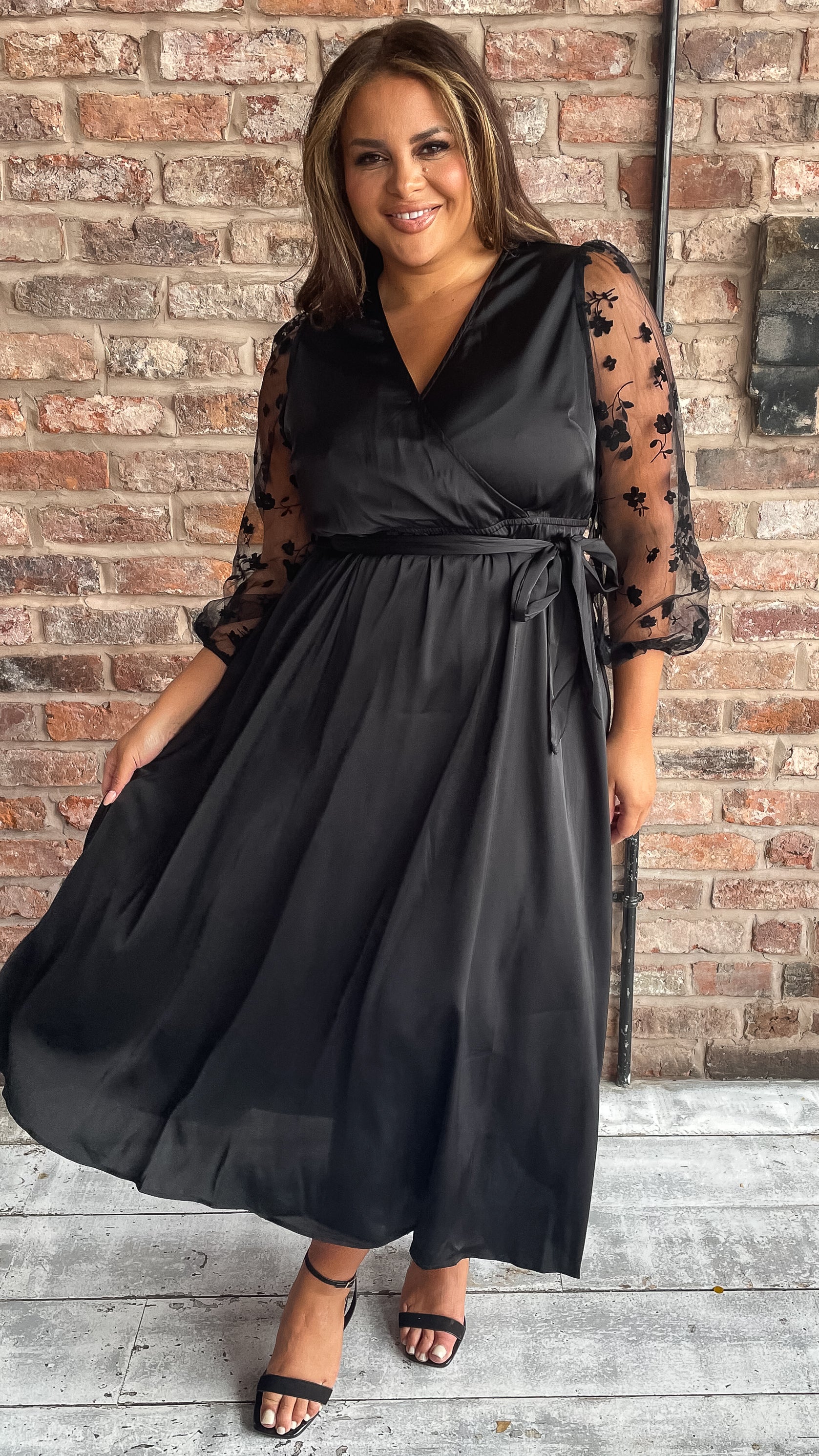 CurveWow Mesh Detail Wrap Midaxi Dress Black