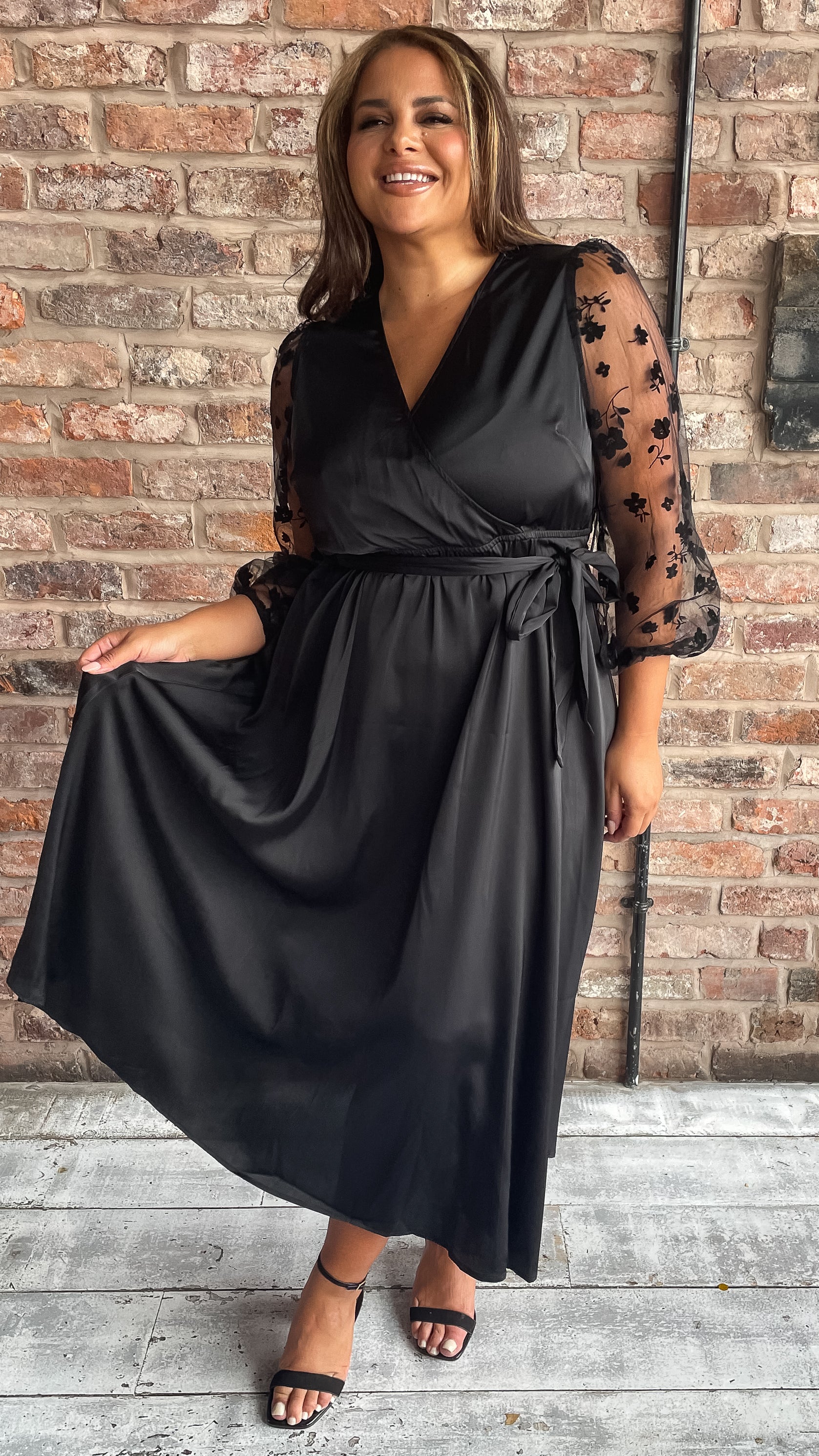 CurveWow Mesh Detail Wrap Midaxi Dress Black