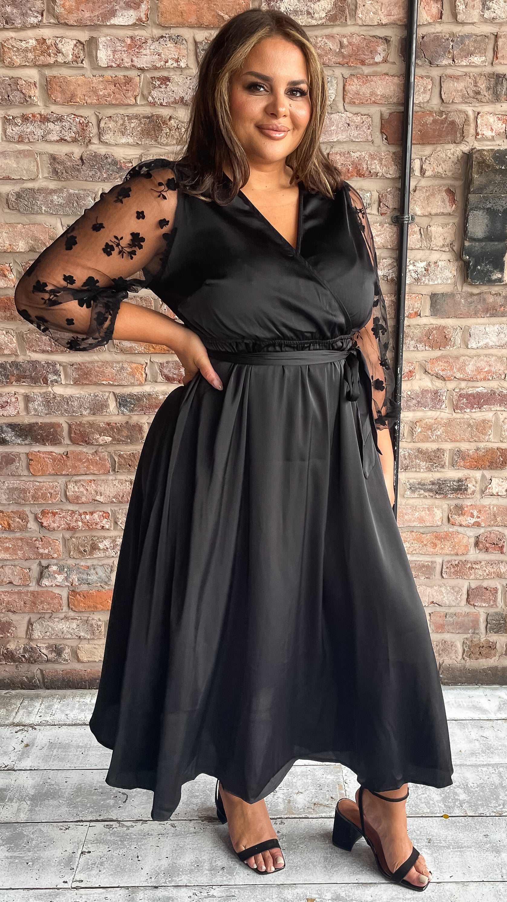 CurveWow Mesh Detail Wrap Midaxi Dress Black