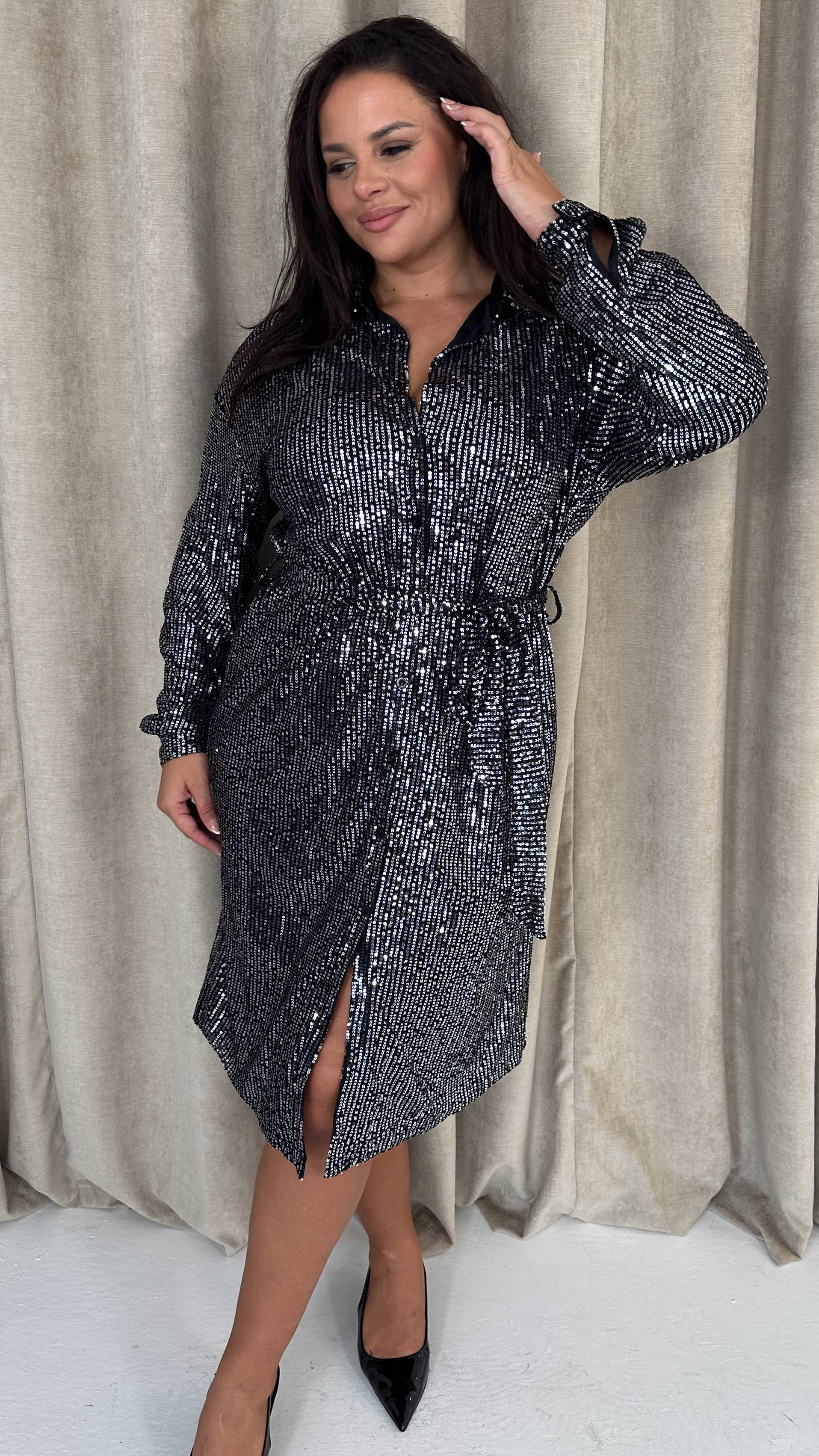 CurveWow Sequin Midi Tie Waist Shirt Dress Silver