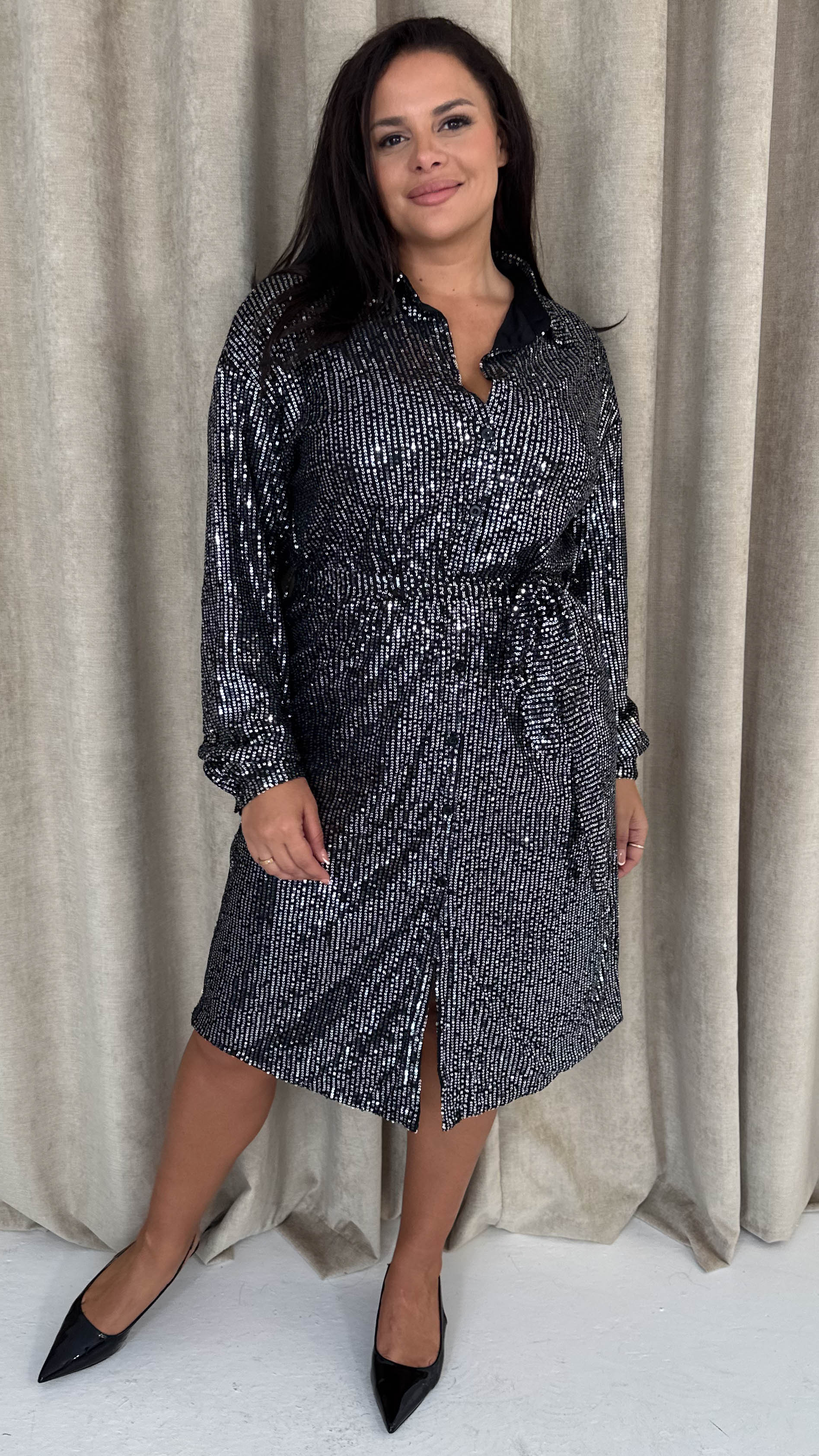 CurveWow Sequin Midi Tie Waist Shirt Dress Silver