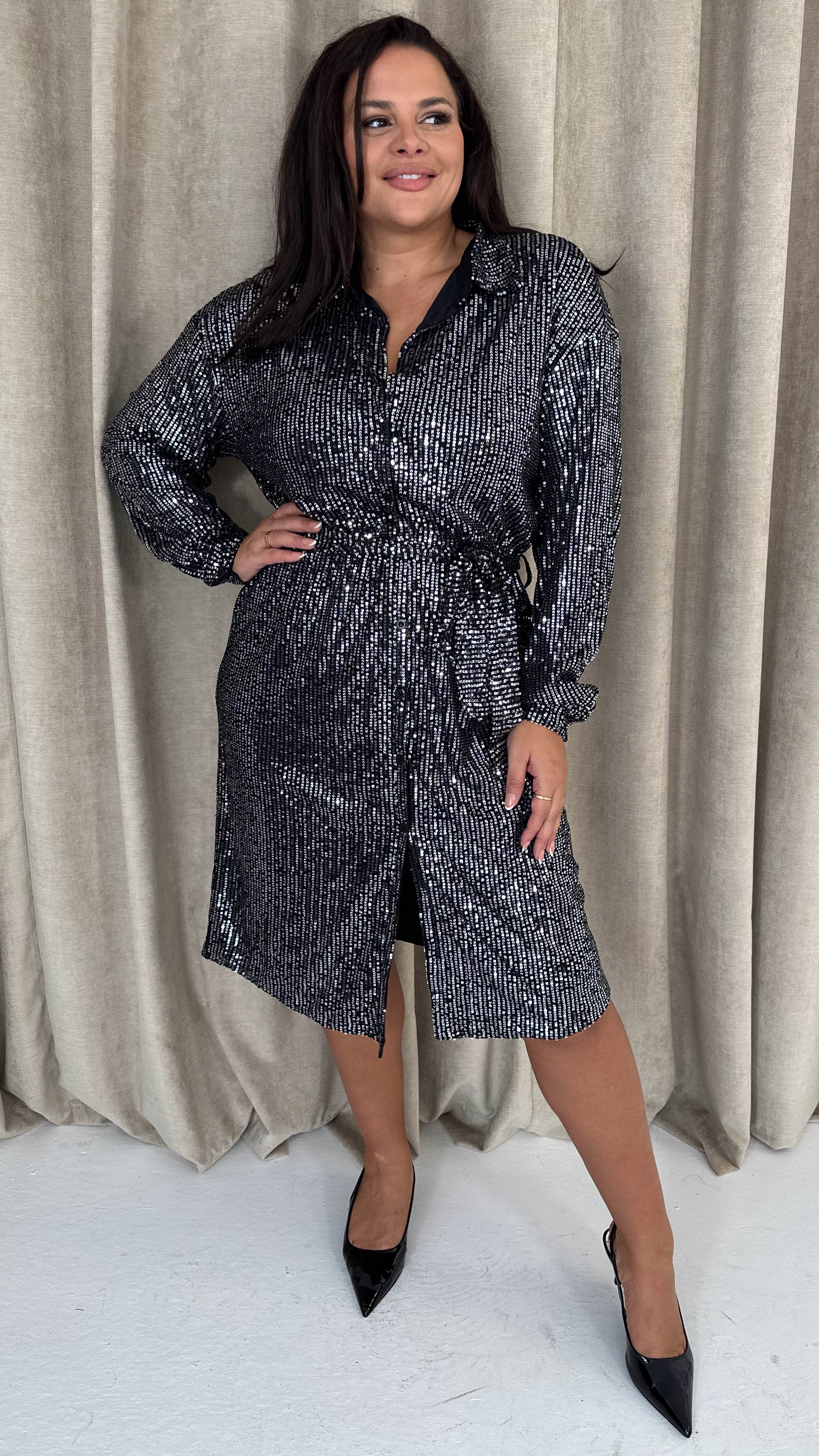 CurveWow Sequin Midi Tie Waist Shirt Dress Silver