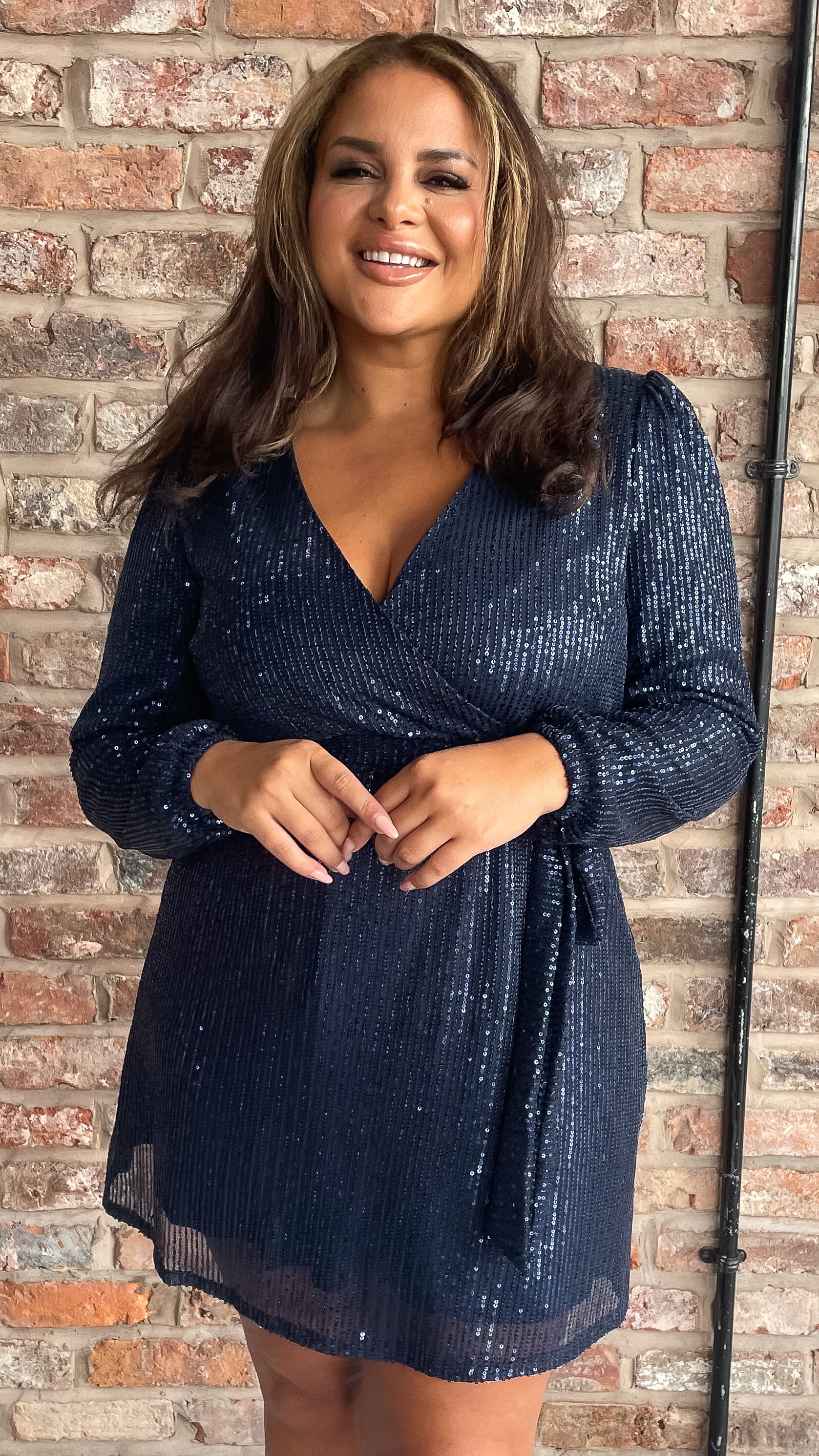 CurveWow Sequin Long Sleeve Dress Navy