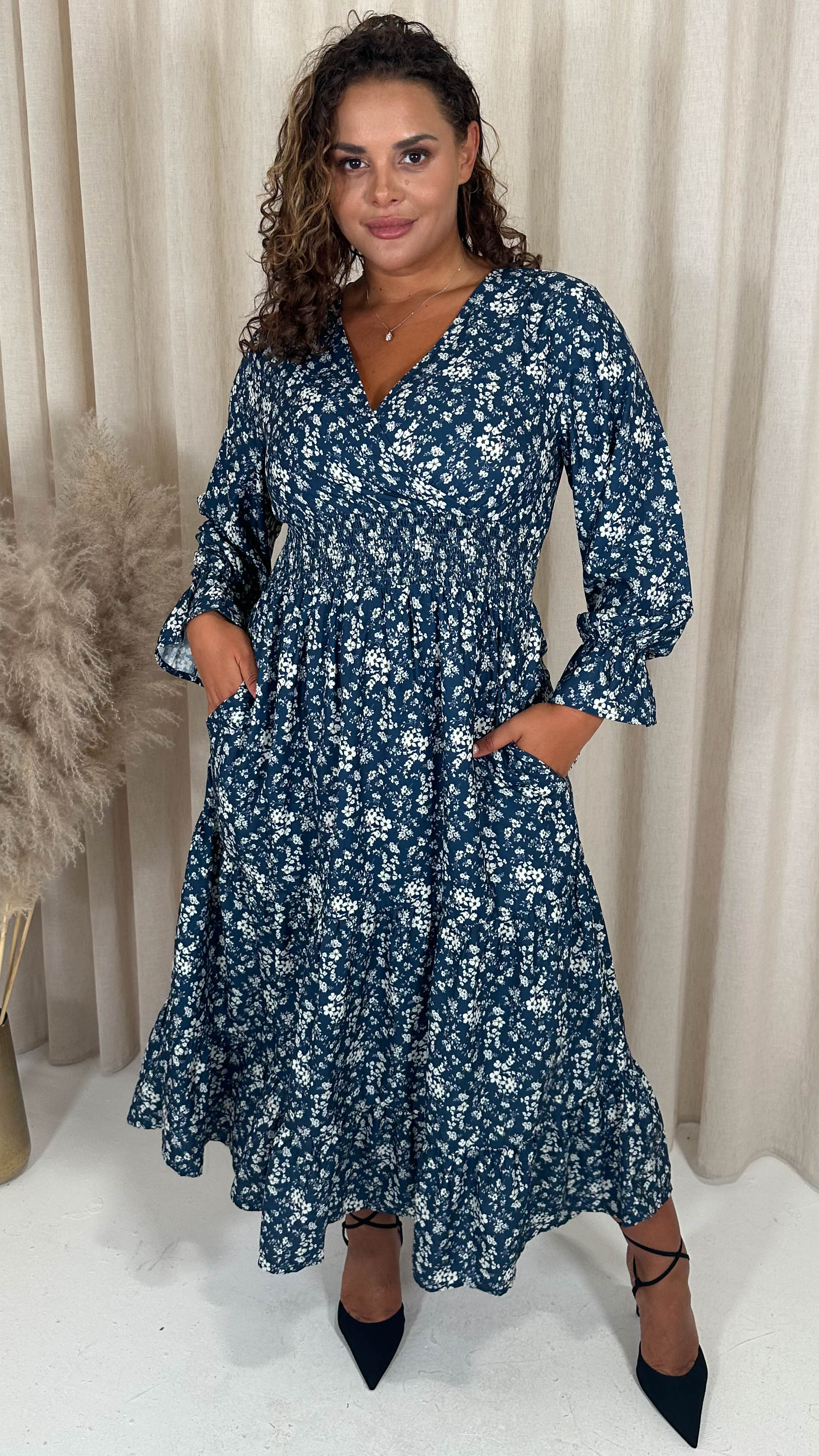 CurveWow Wrap Shirred Waist Printed Dress Navy Floral
