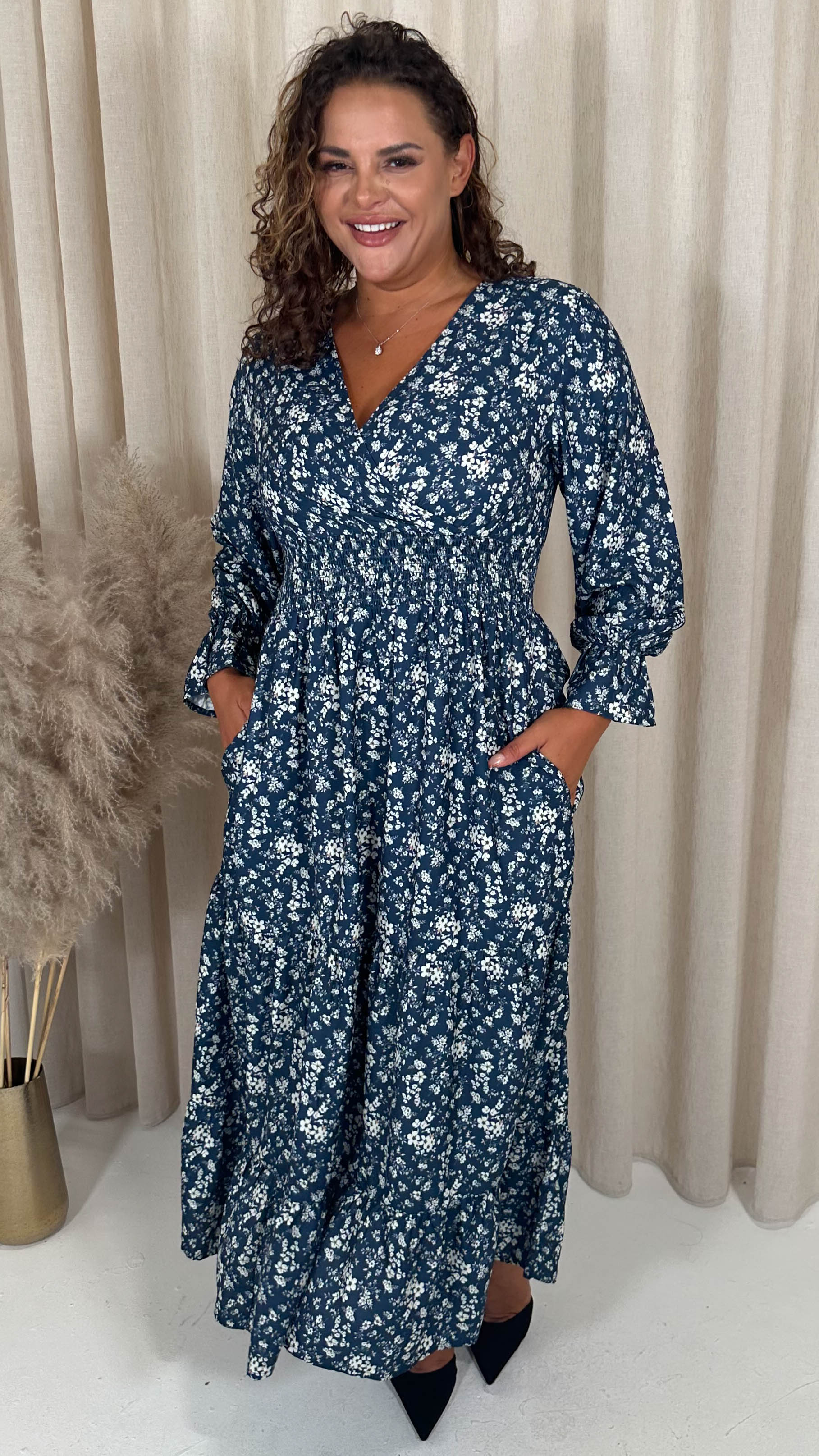 CurveWow Wrap Shirred Waist Printed Dress Navy Floral