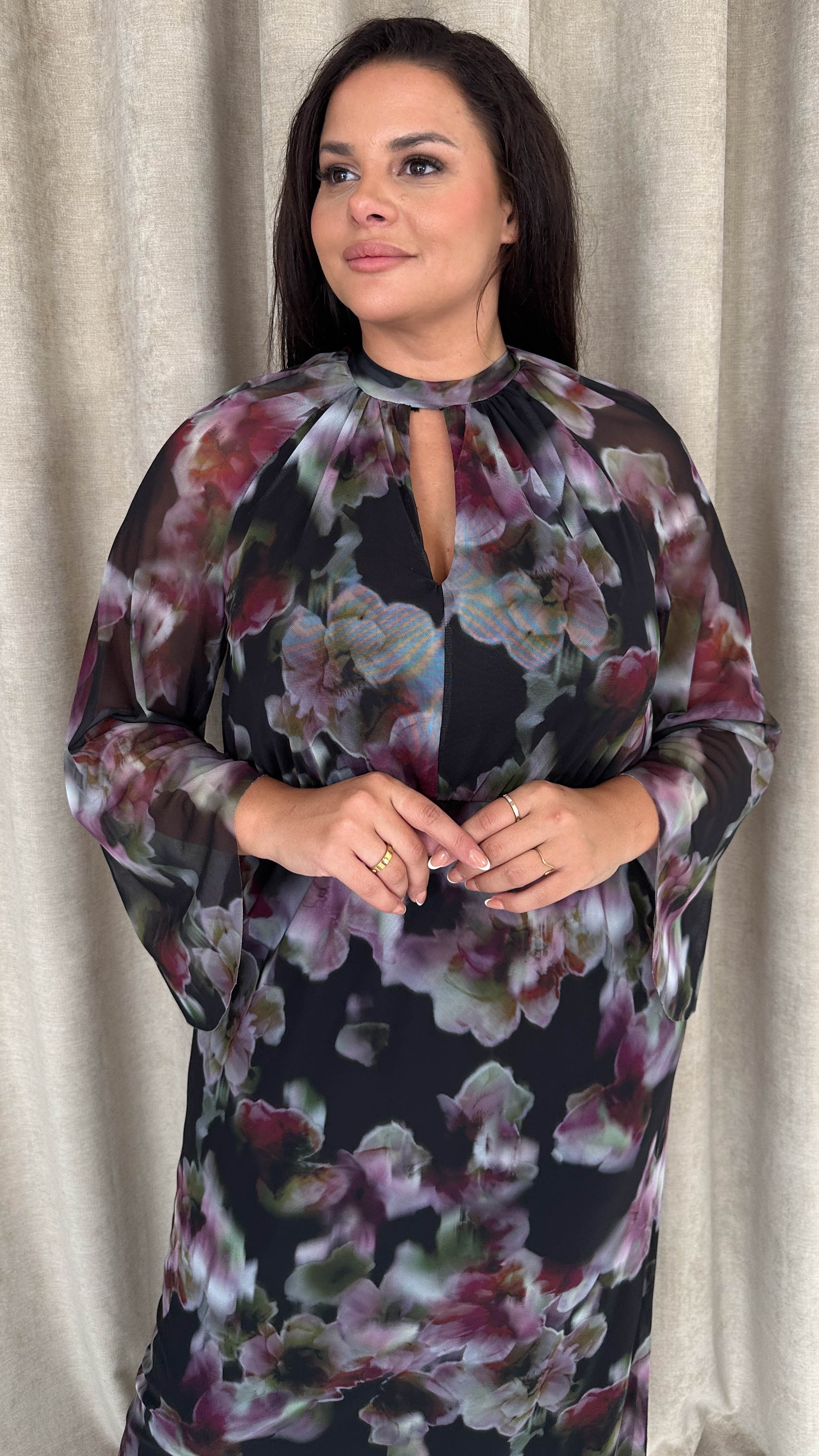 CurveWow Keyhole Mesh Dress Black Floral