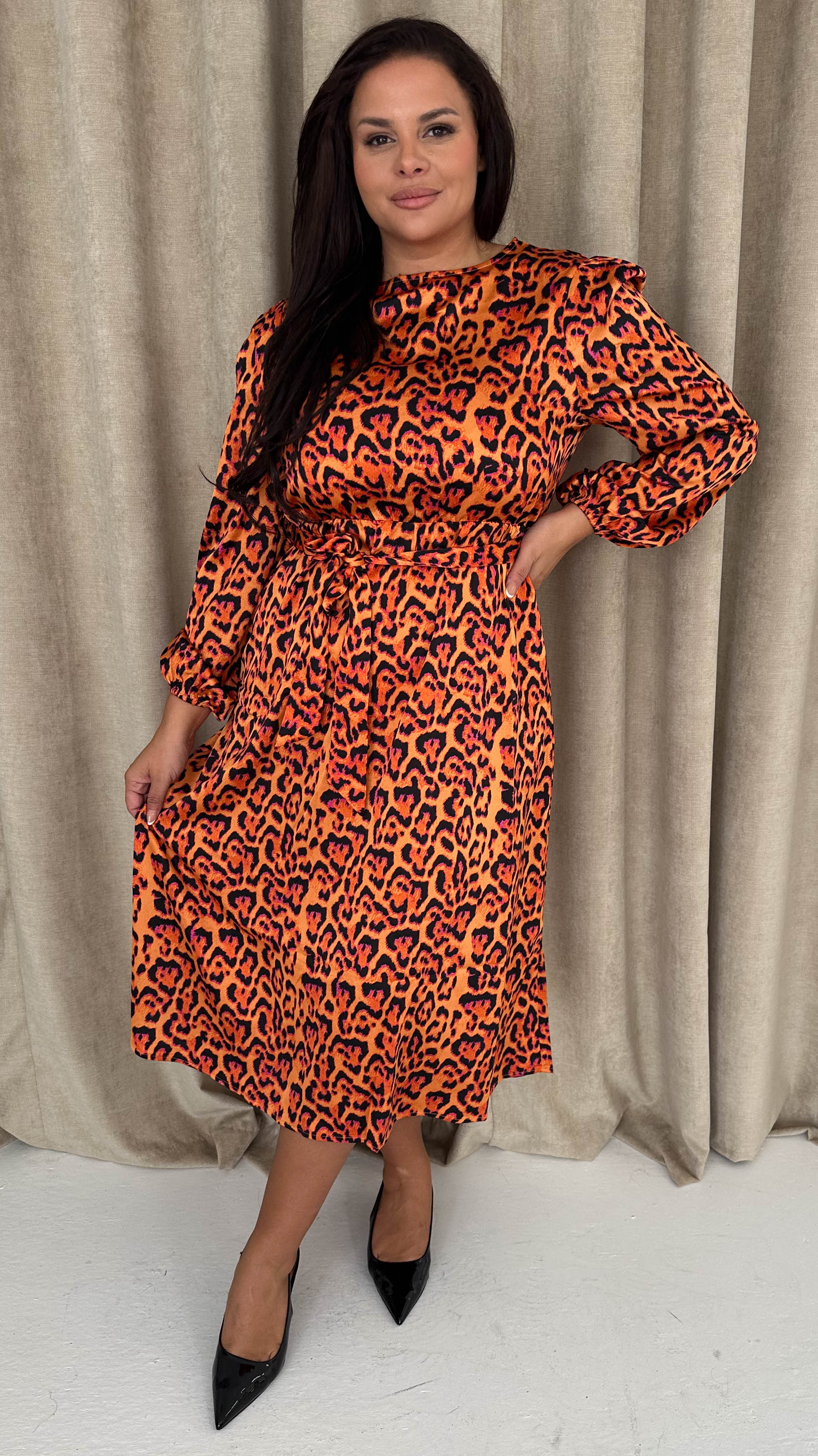 CurveWow Satin Tie Waist Midi Dress Orange Leopard