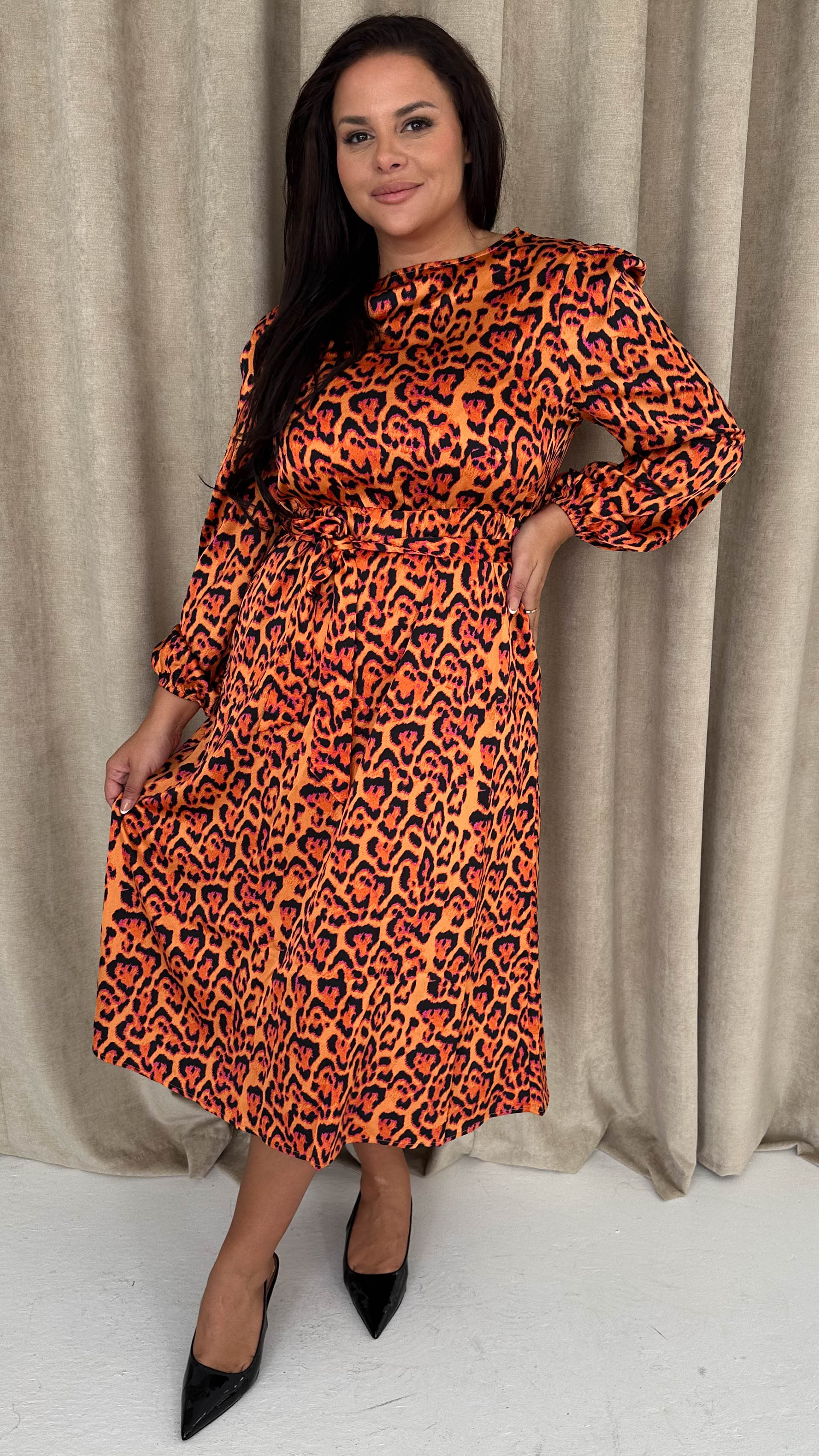 CurveWow Satin Tie Waist Midi Dress Orange Leopard