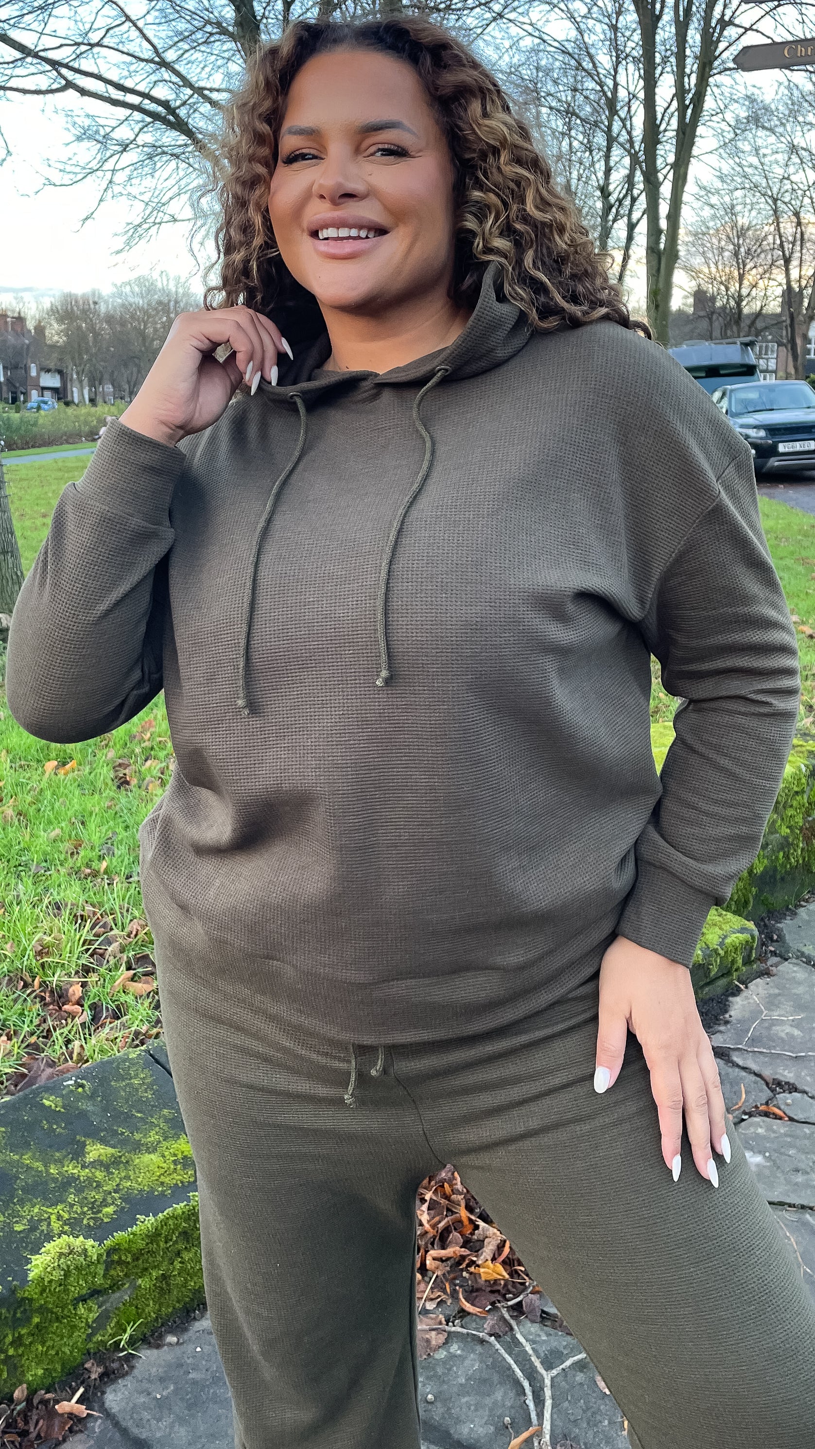 CurveWow Waffle Loungewear Hoodie Khaki