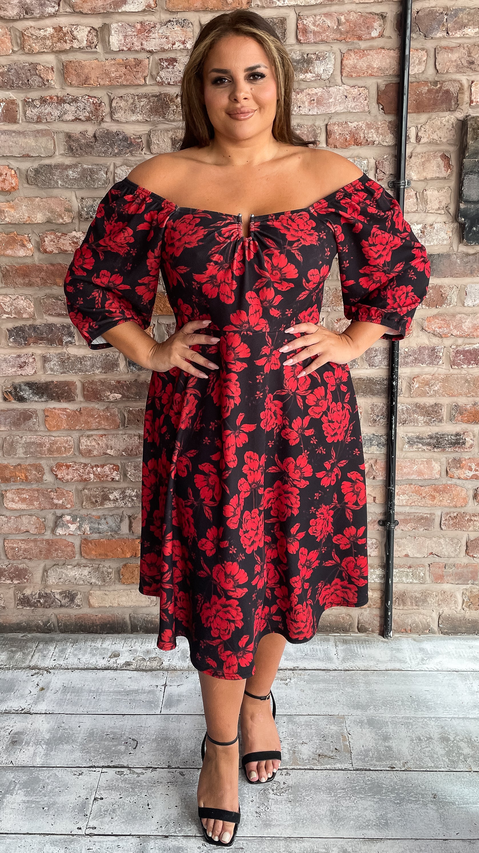 CurveWow Ubar Midi Dress Red Rose Print