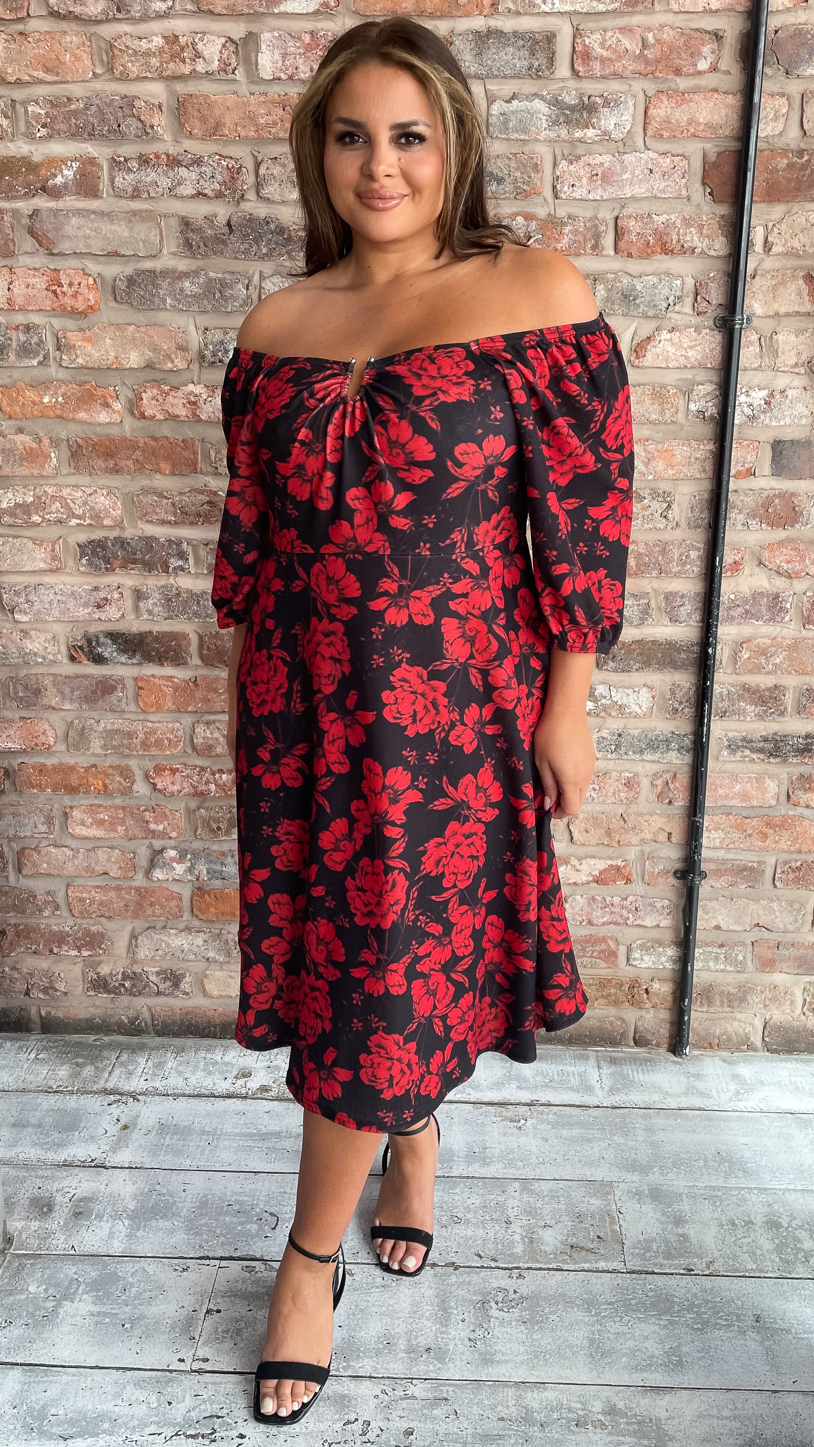 CurveWow Ubar Midi Dress Red Rose Print