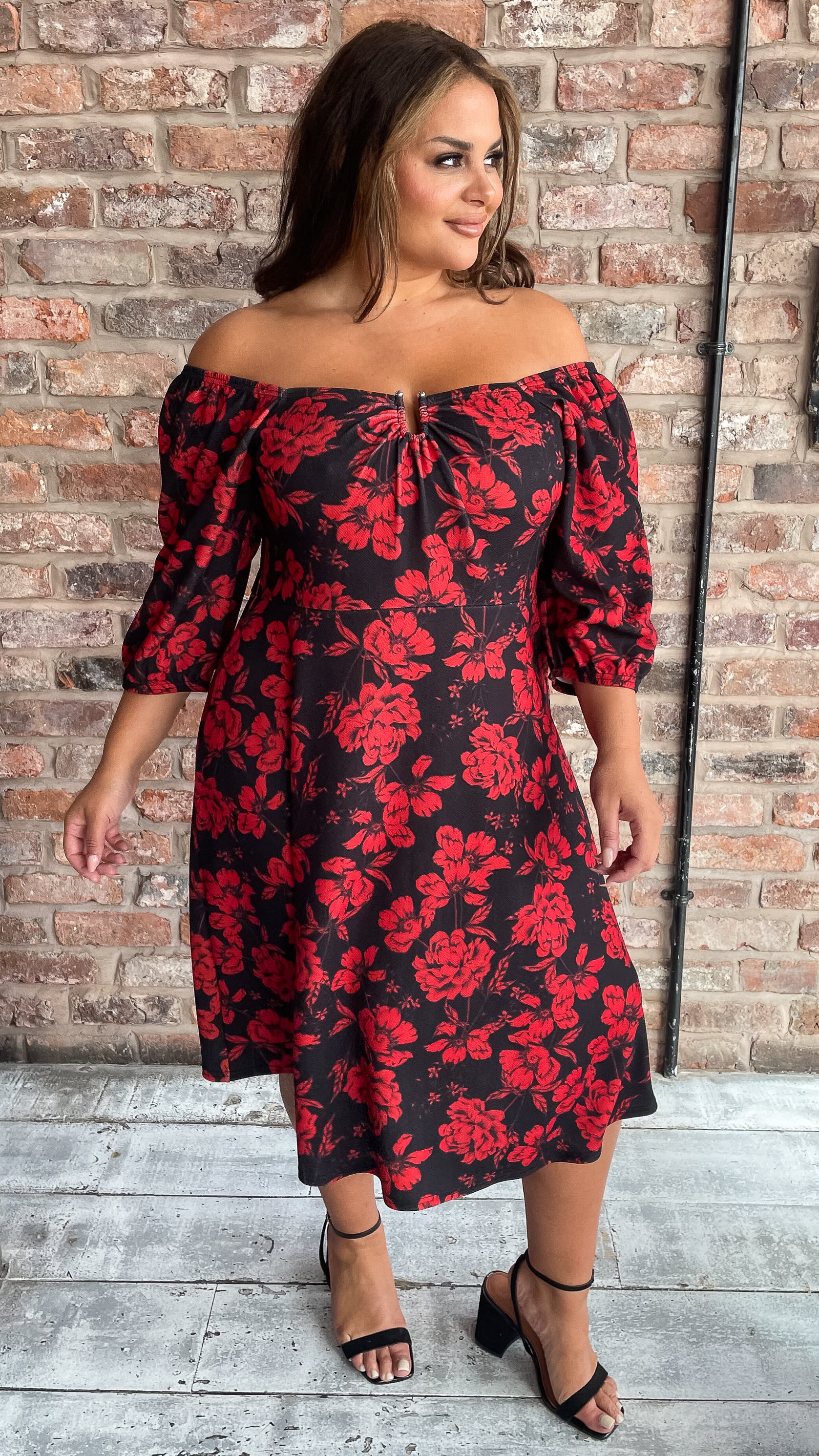 CurveWow Ubar Midi Dress Red Rose Print