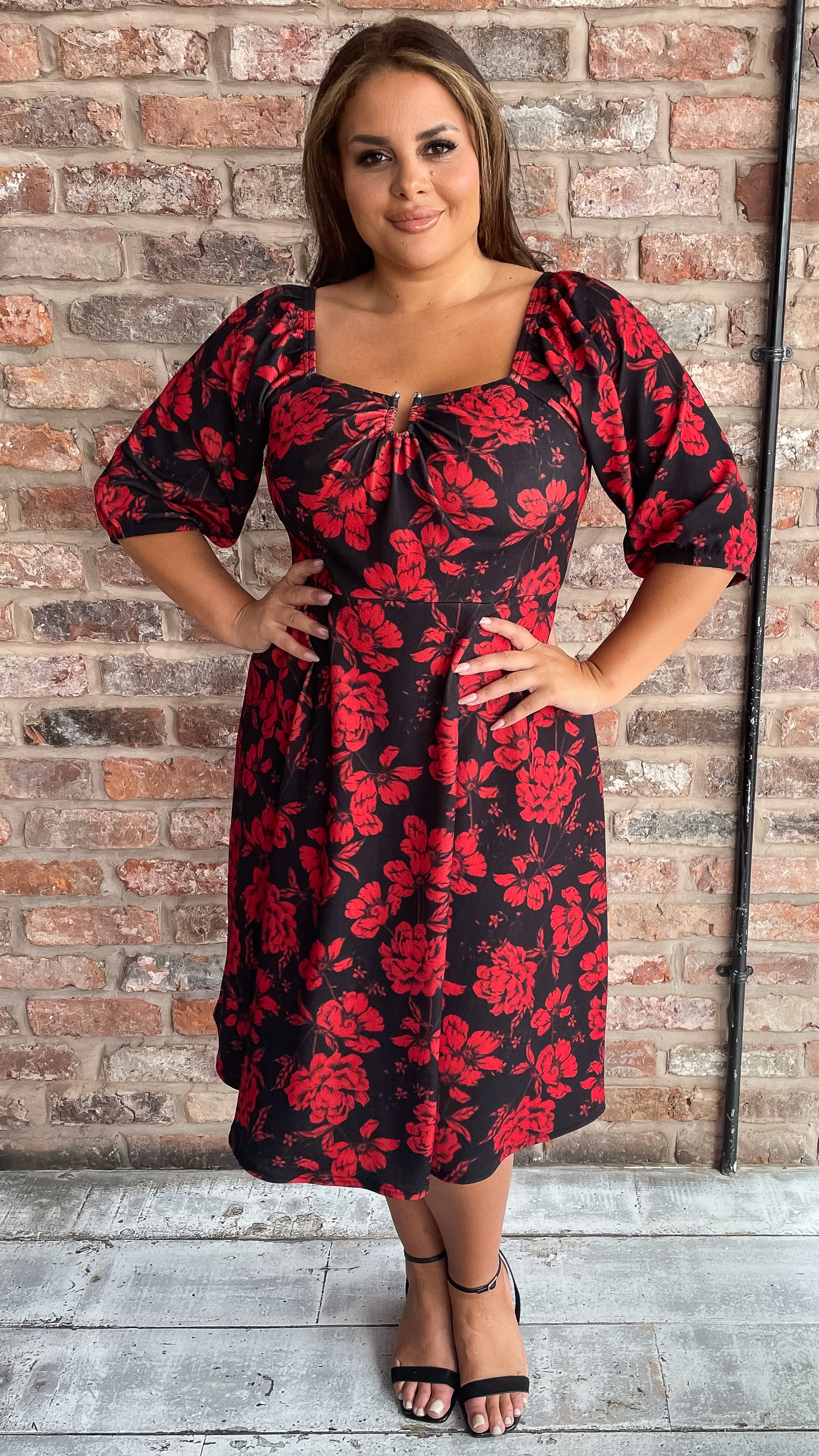 CurveWow Ubar Midi Dress Red Rose Print