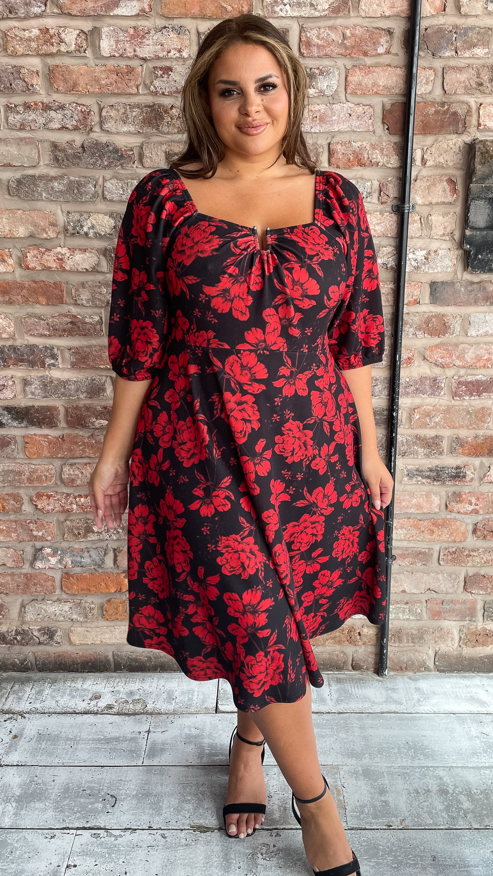CurveWow Ubar Midi Dress Red Rose Print